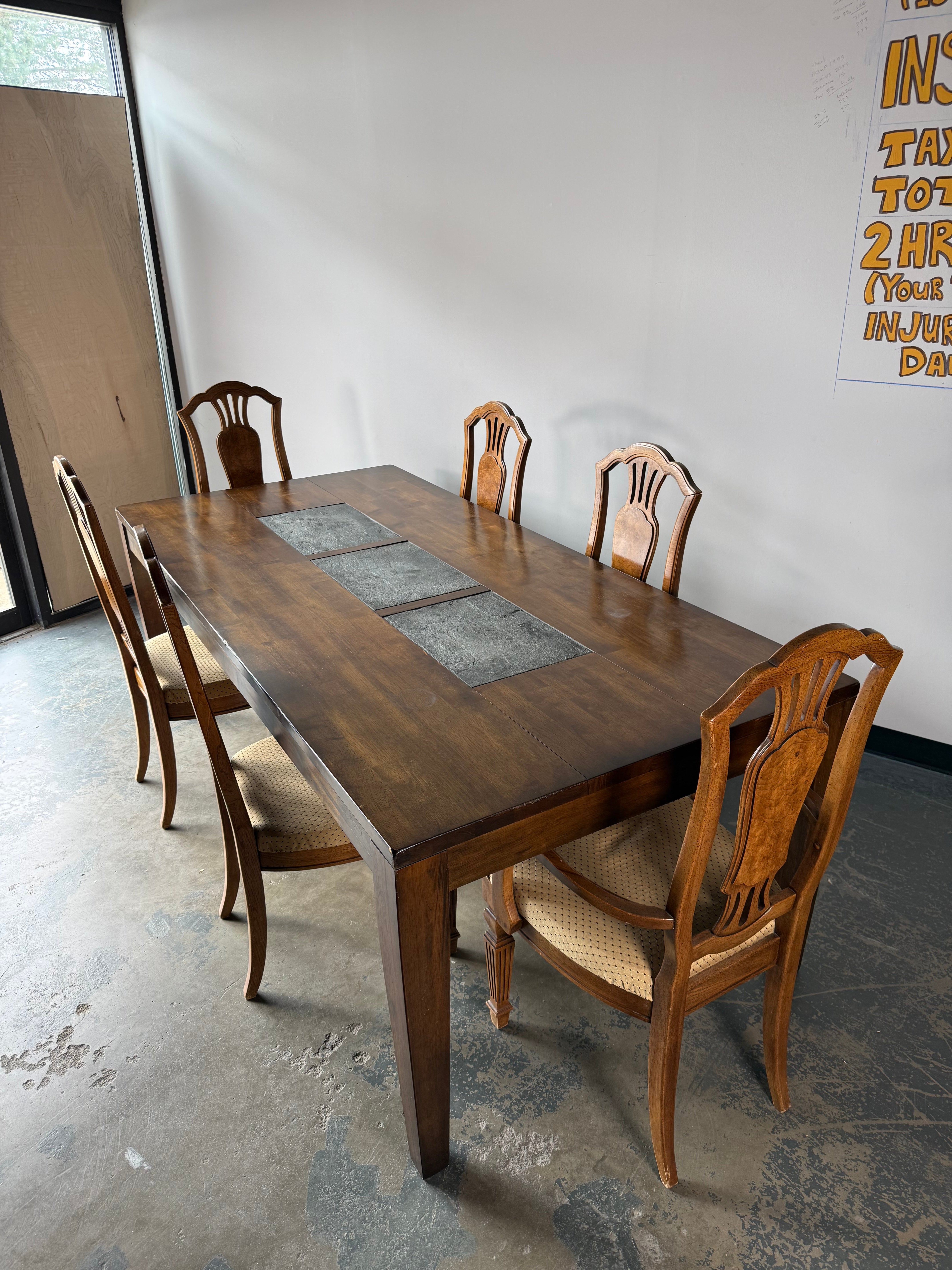 Elegant Dining Table with Inset Stone Center & 6 Chairs