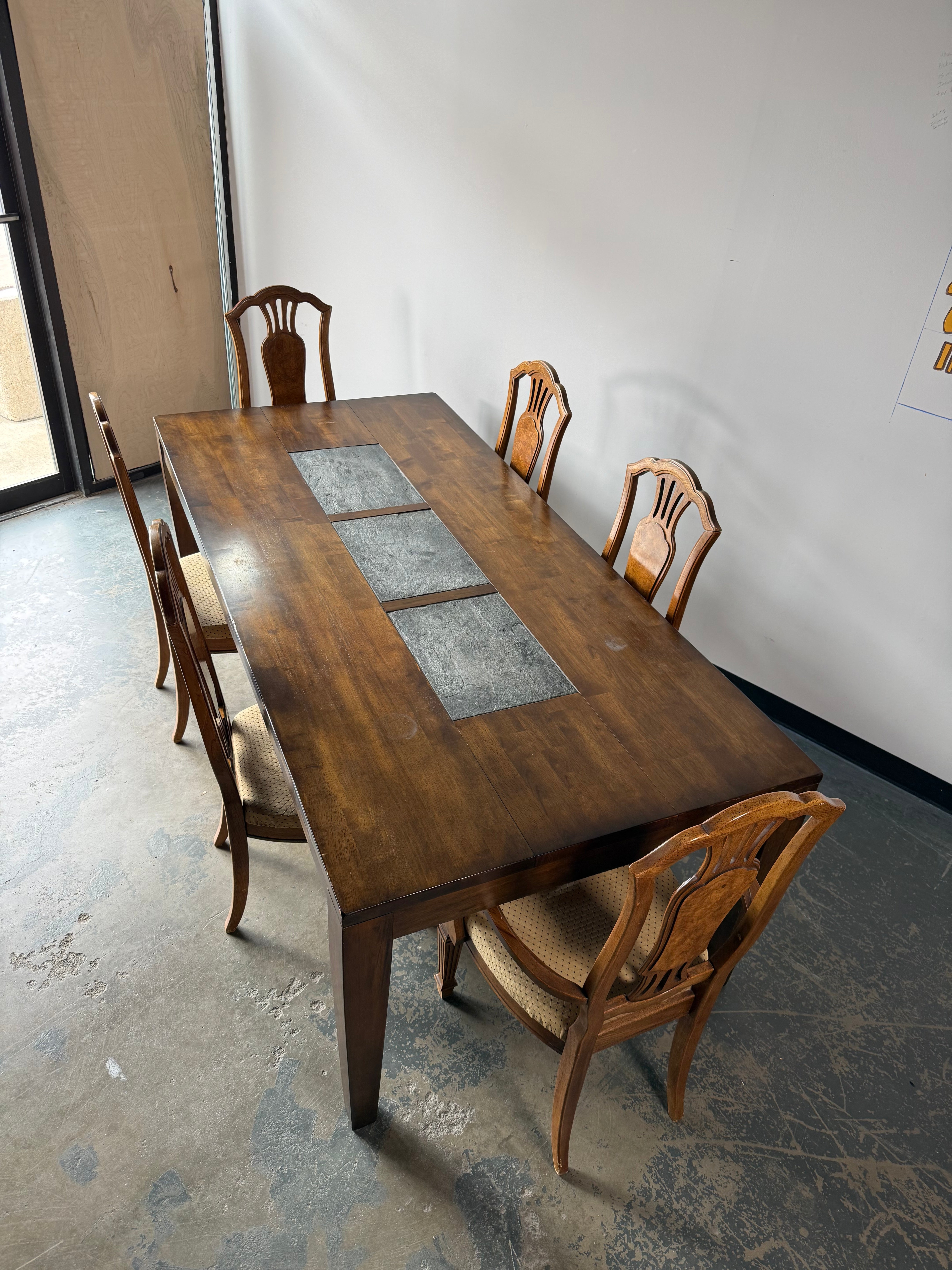 Elegant Dining Table with Inset Stone Center & 6 Chairs