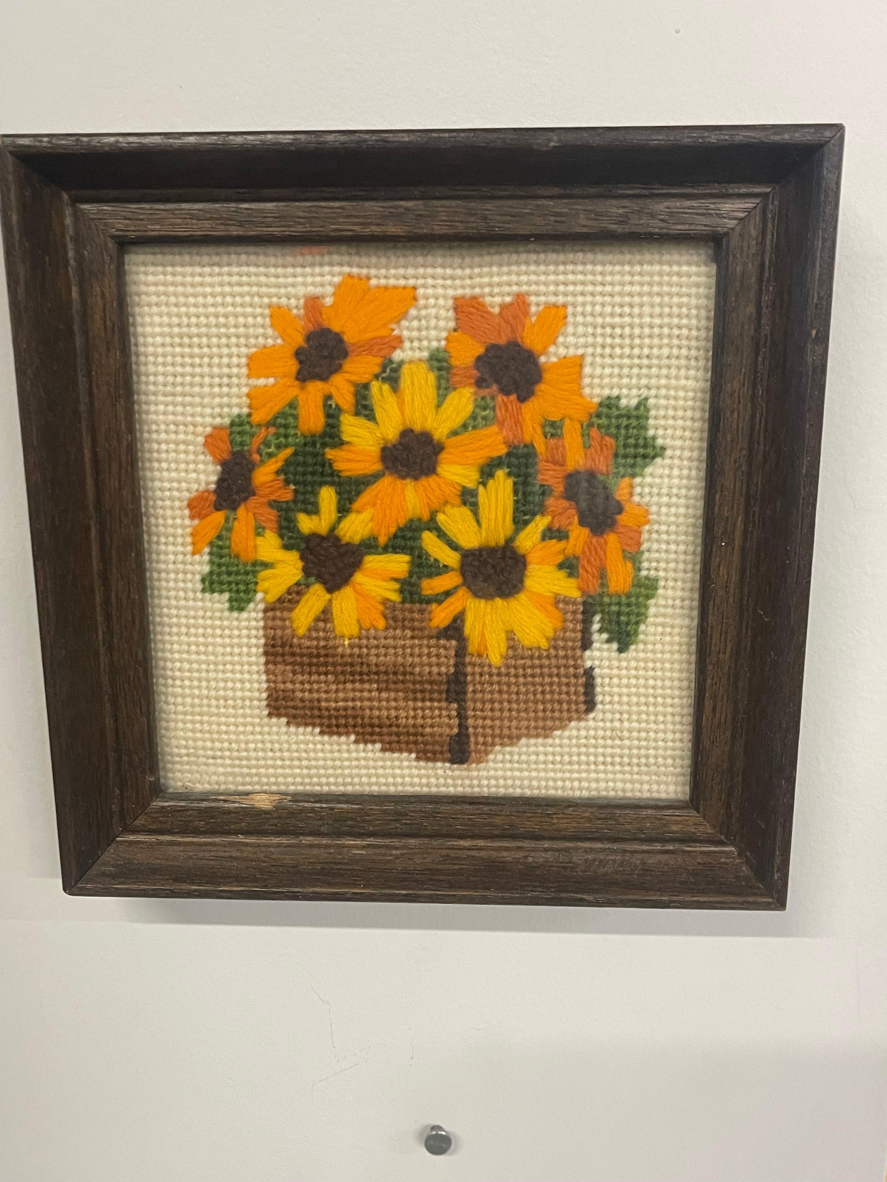 Hand-Stitched Sunflower Needlepoint – Framed Wall Art