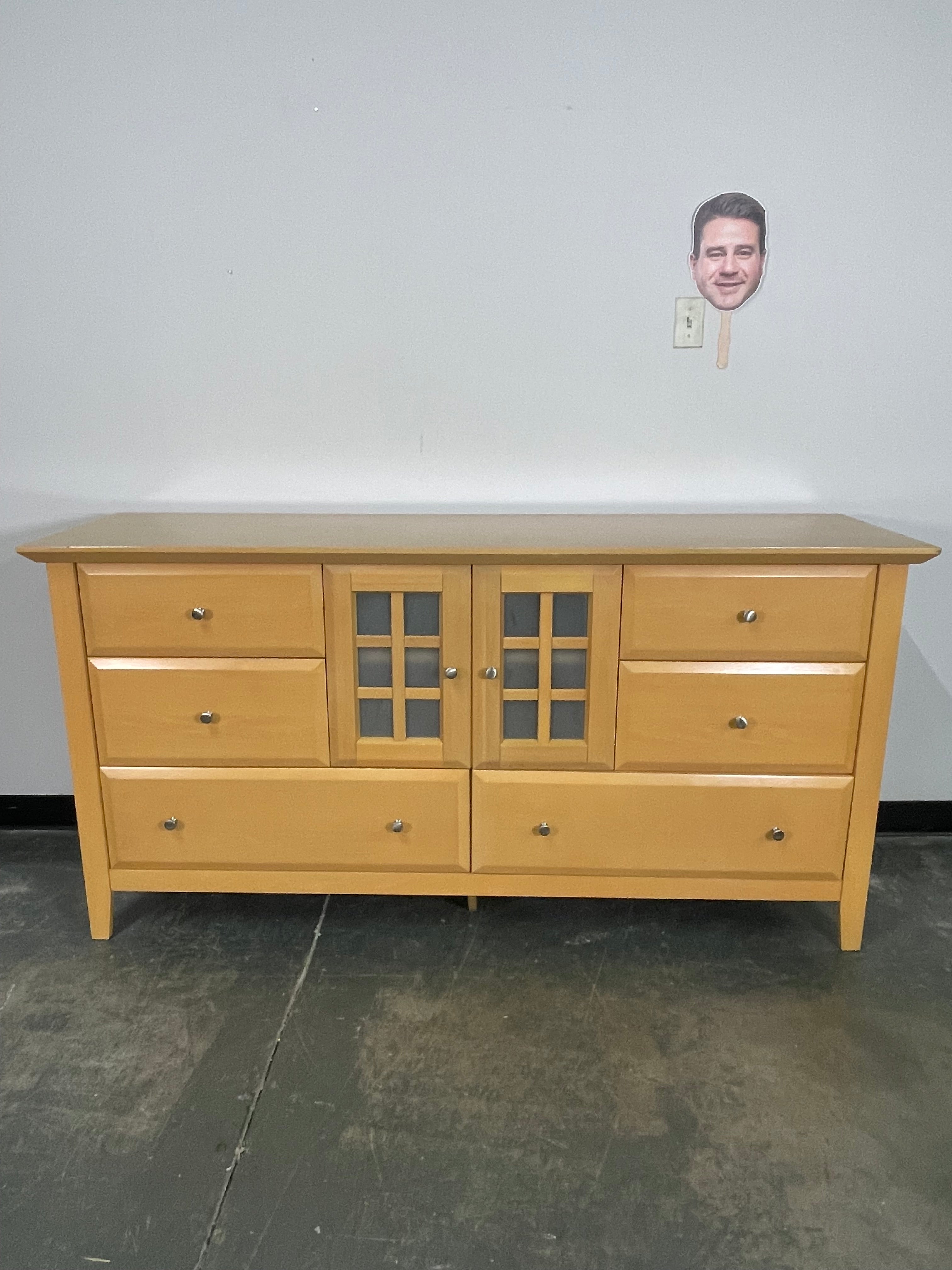 Warm Tan Wood Dresser with Glass Cabinet ✨