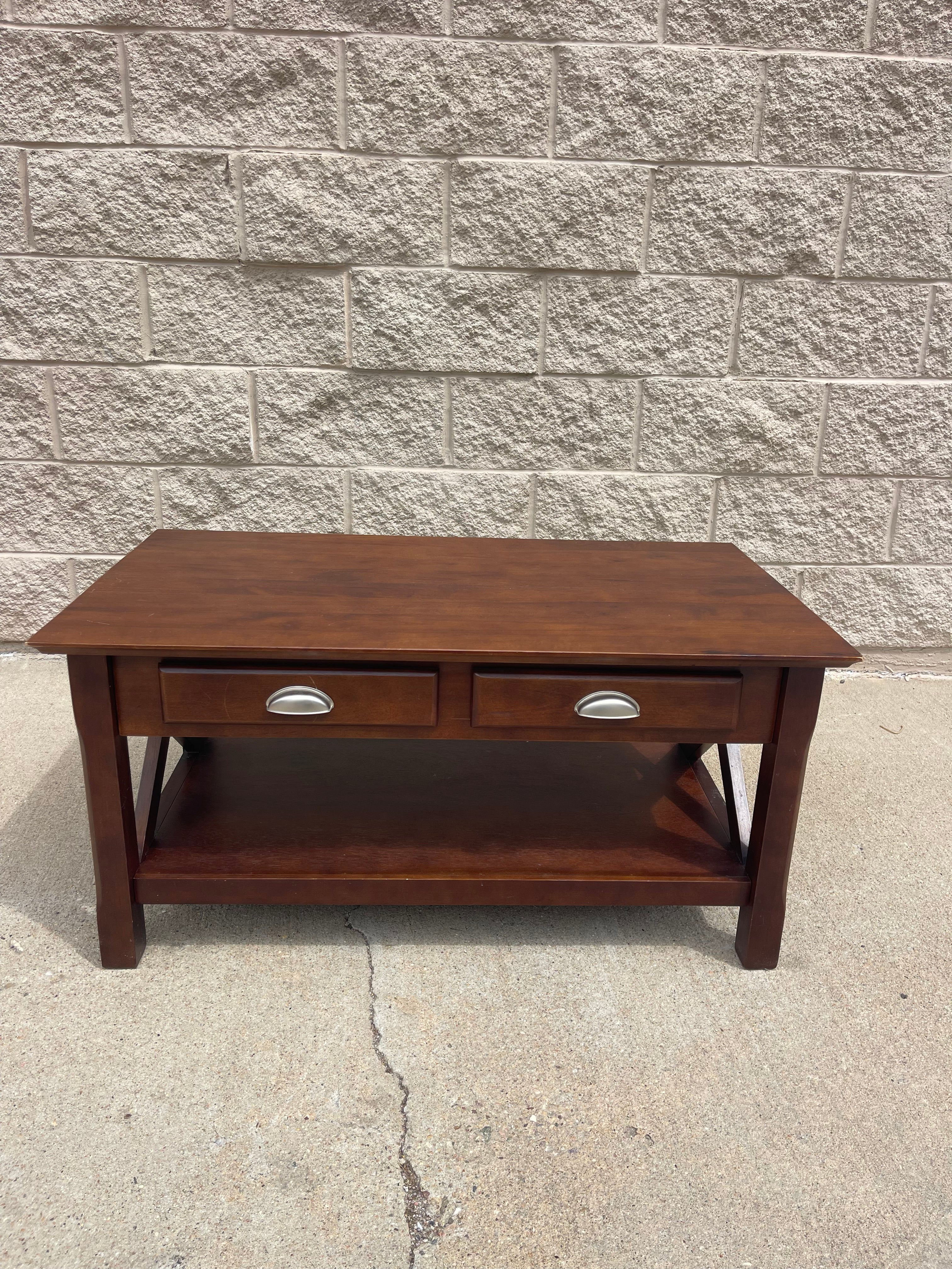 Warm Cherry Coffee Table with Drawers & Shelf
