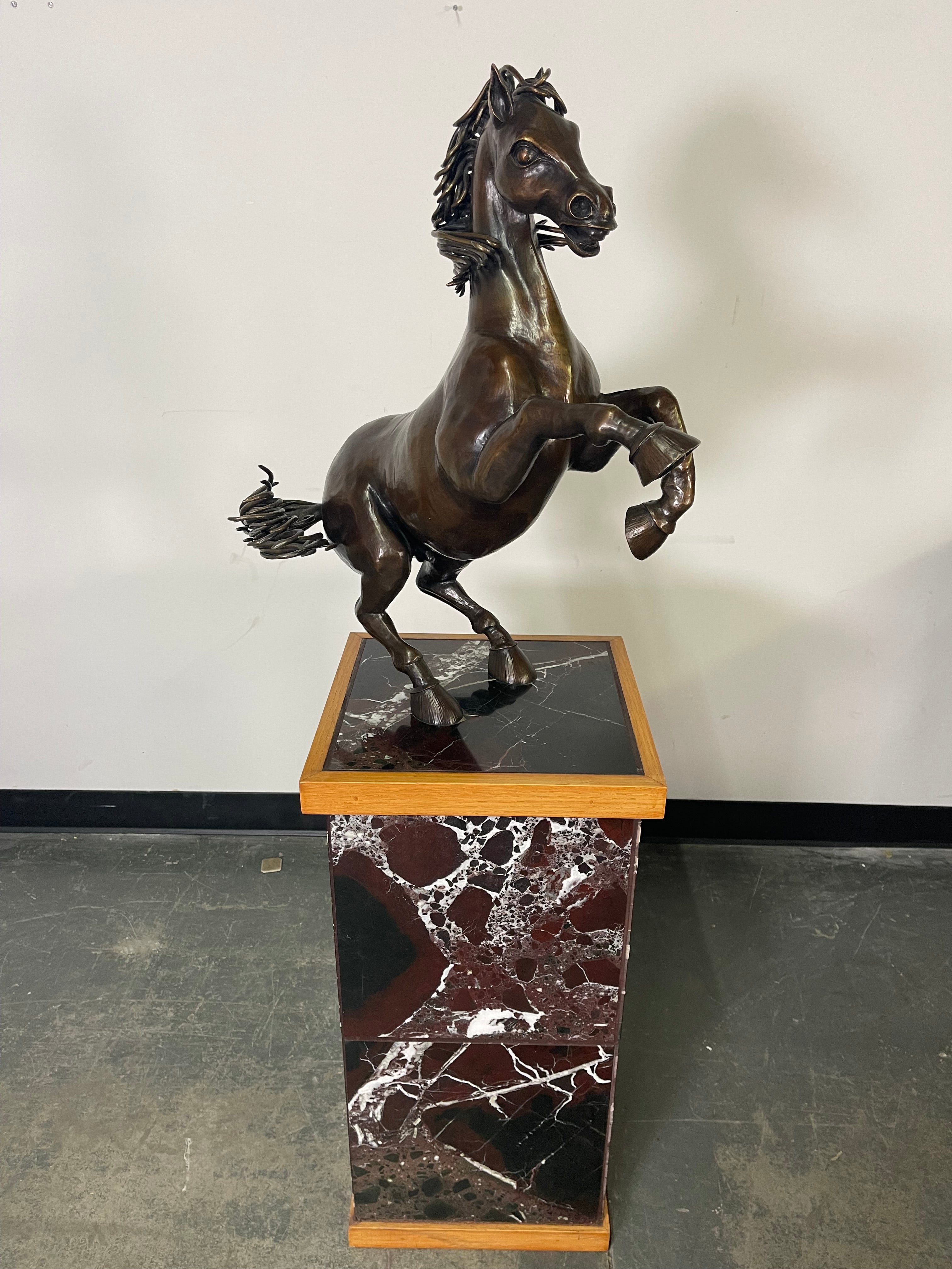 Bronze Rearing Horse Sculpture on Marble Pedestal