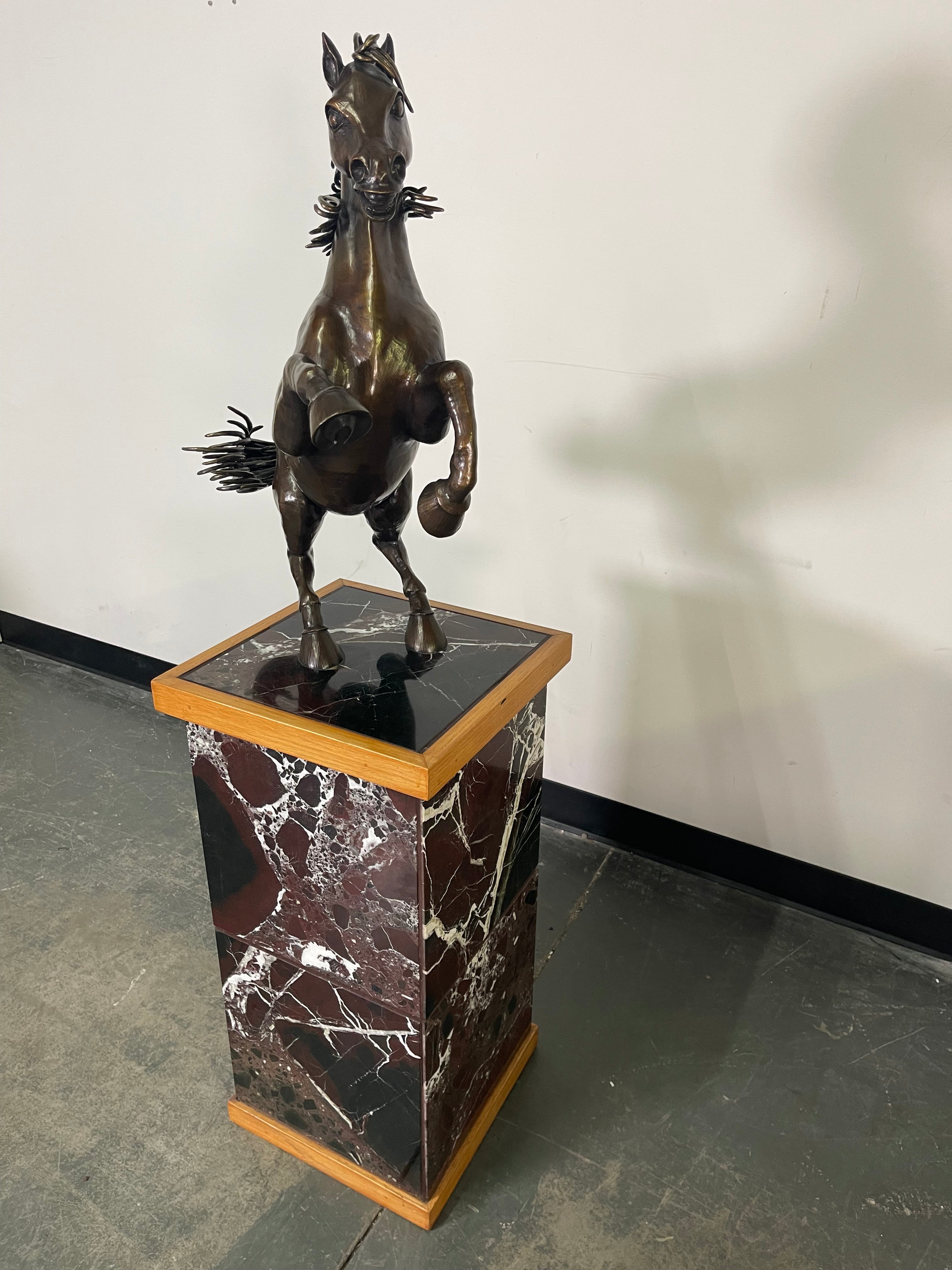 Bronze Rearing Horse Sculpture on Marble Pedestal