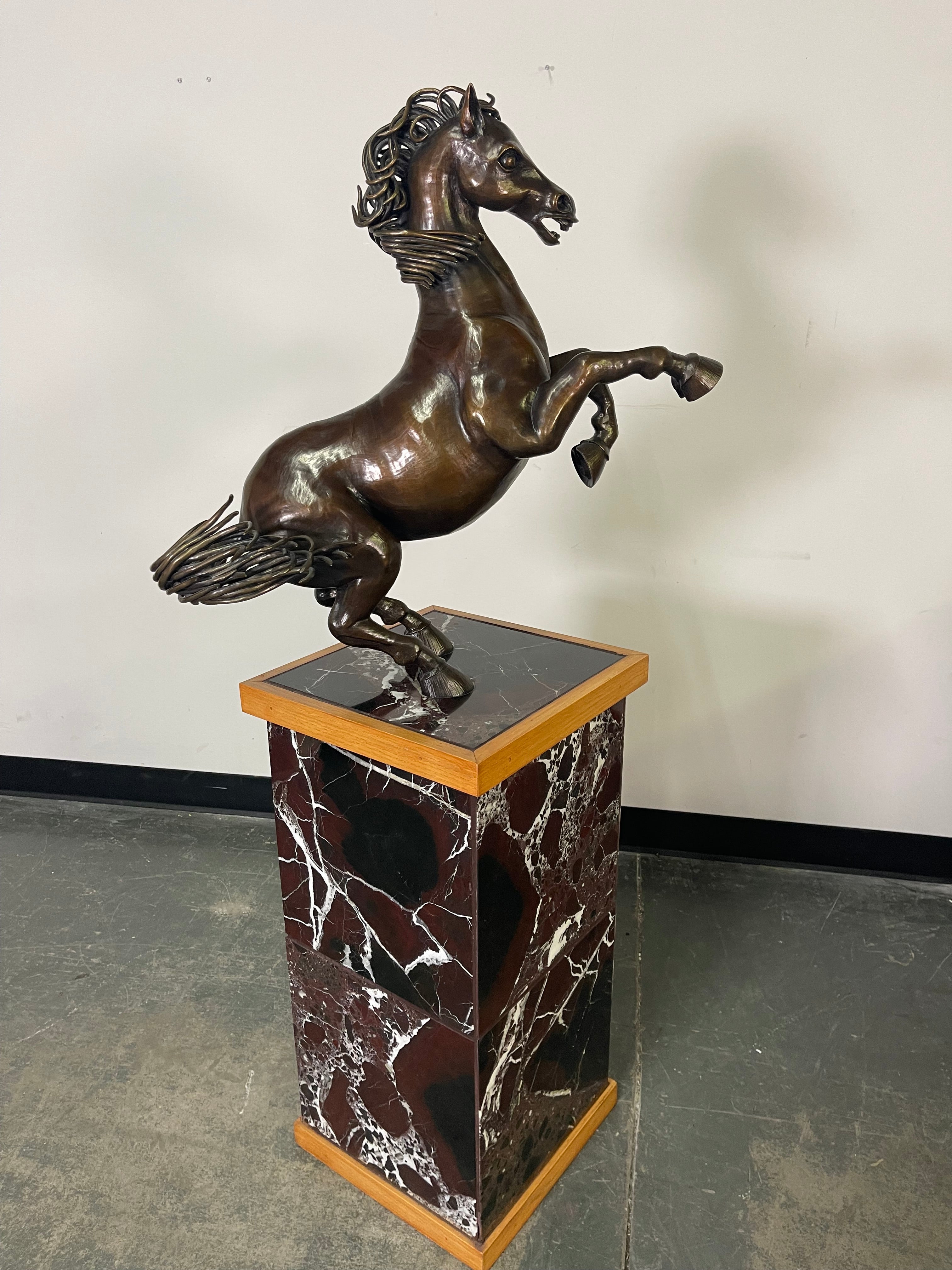 Bronze Rearing Horse Sculpture on Marble Pedestal