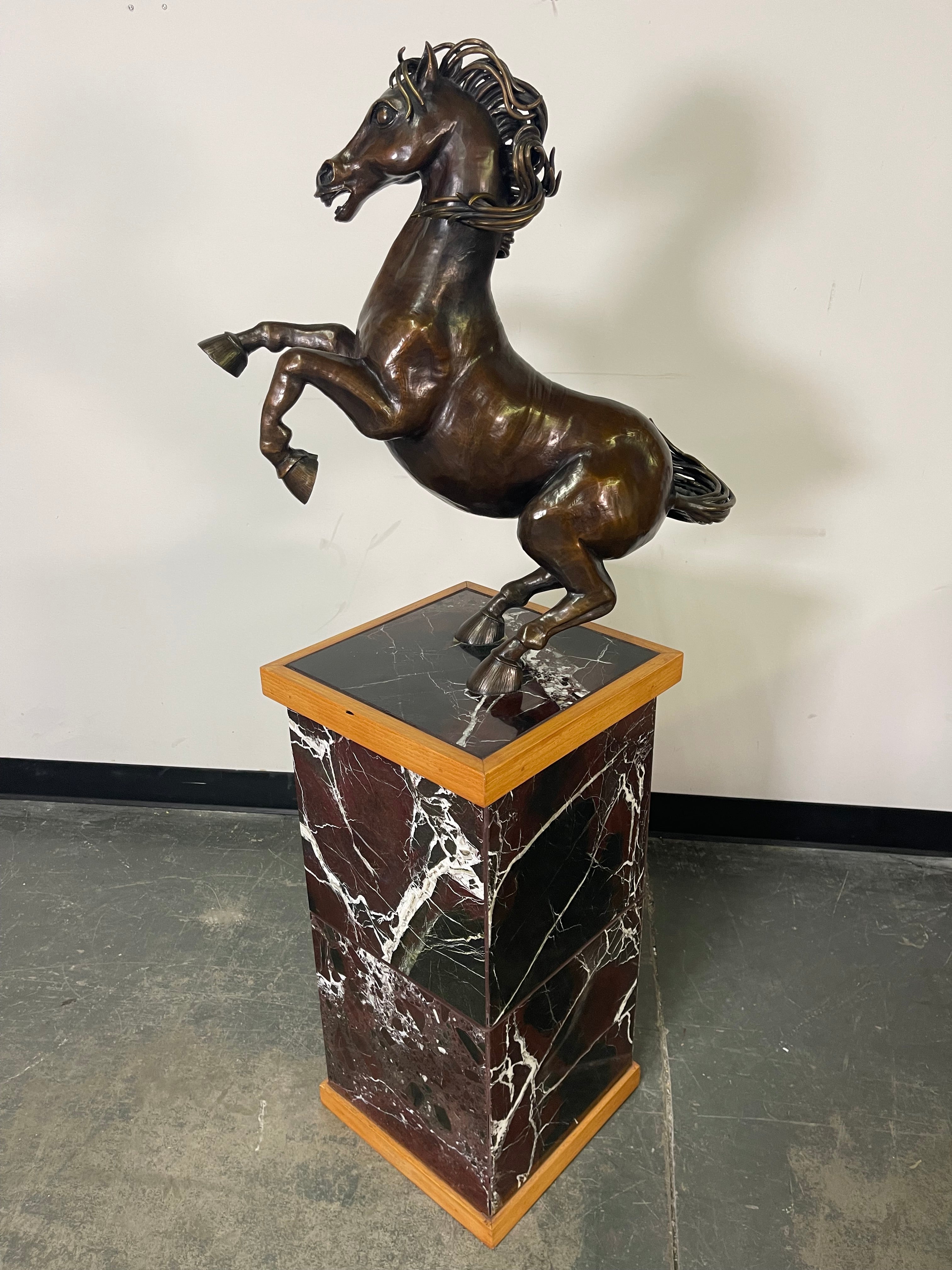 Bronze Rearing Horse Sculpture on Marble Pedestal