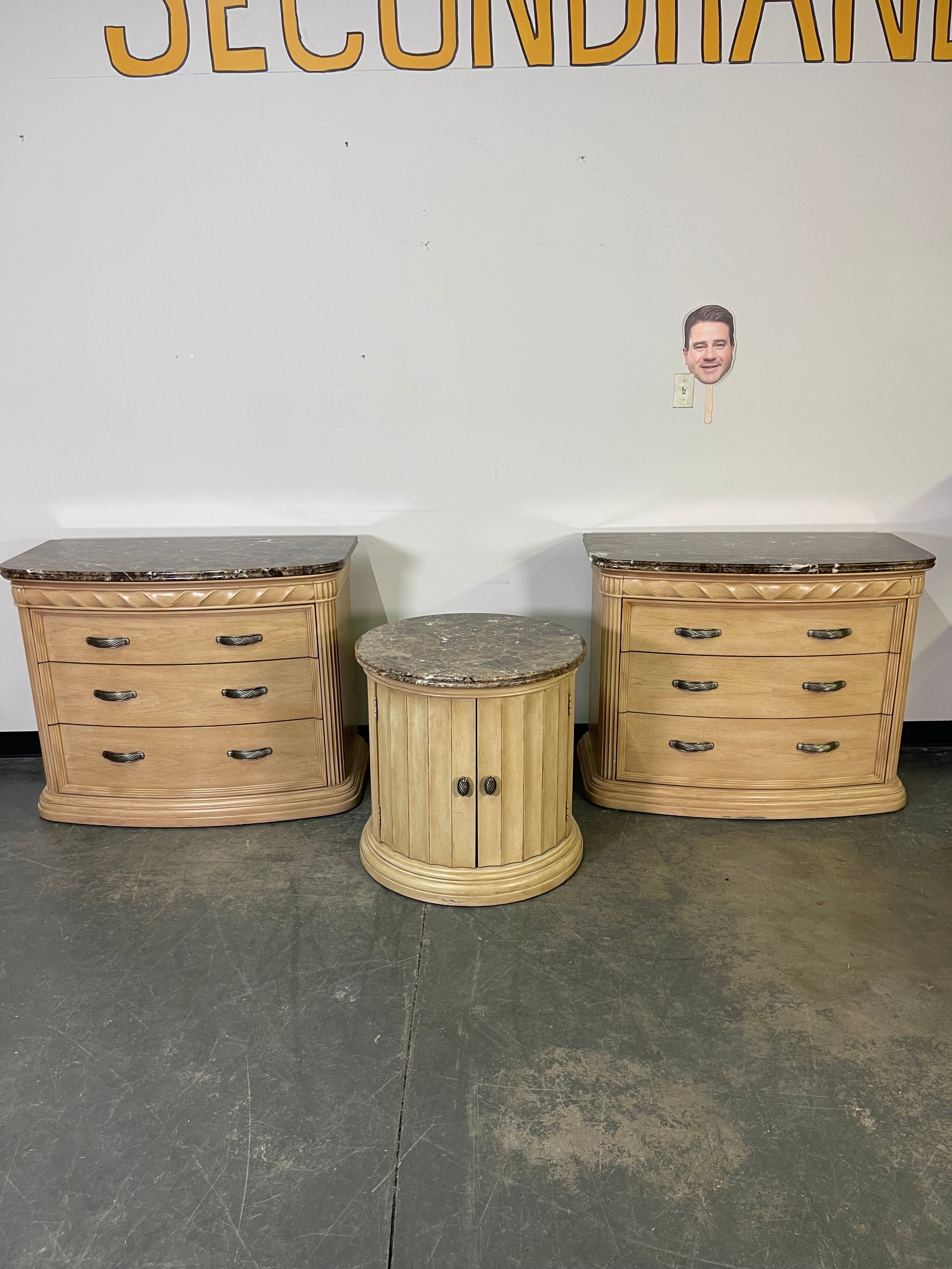 Elegant Granite Top Nightstand Set & Round Accent Cabinet
