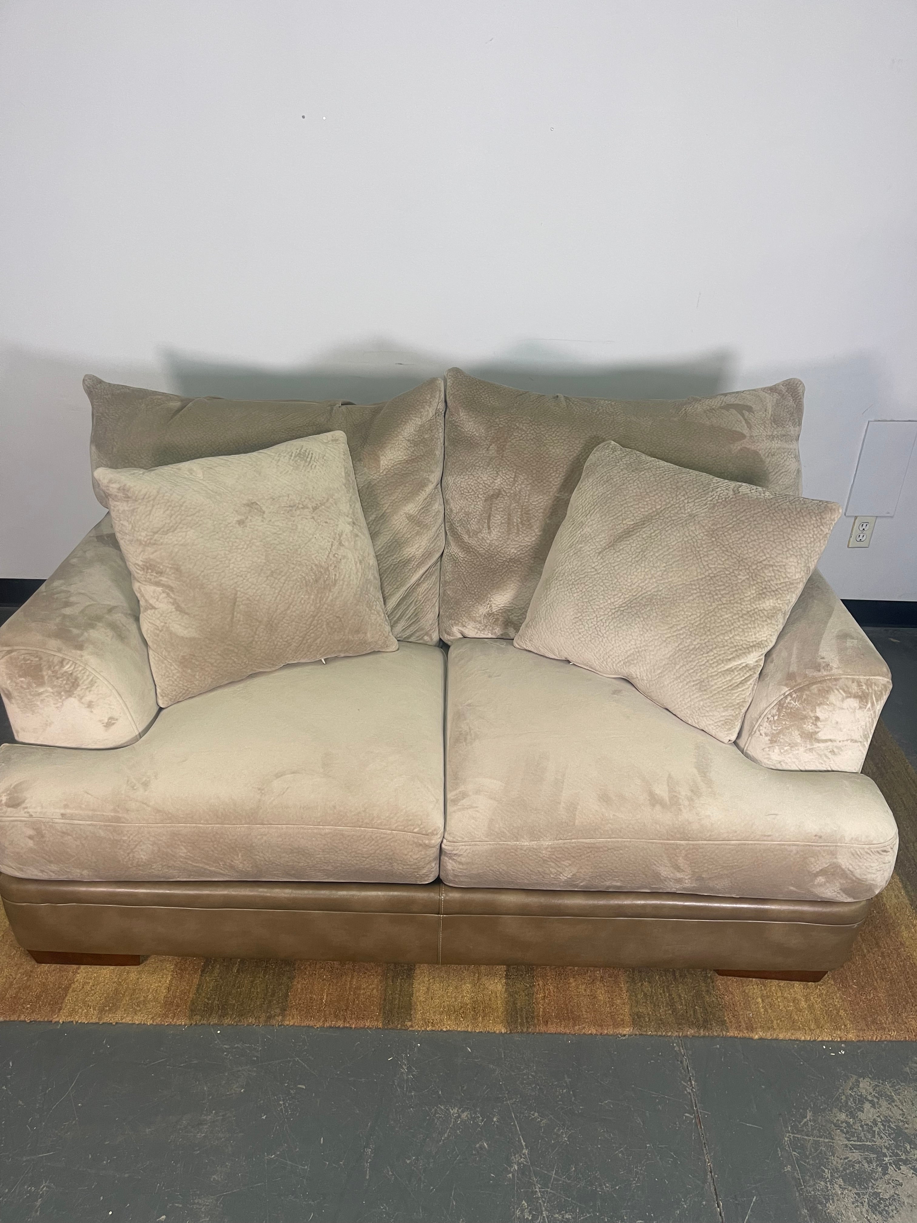 Beige Velvet Loveseat with Leather Base