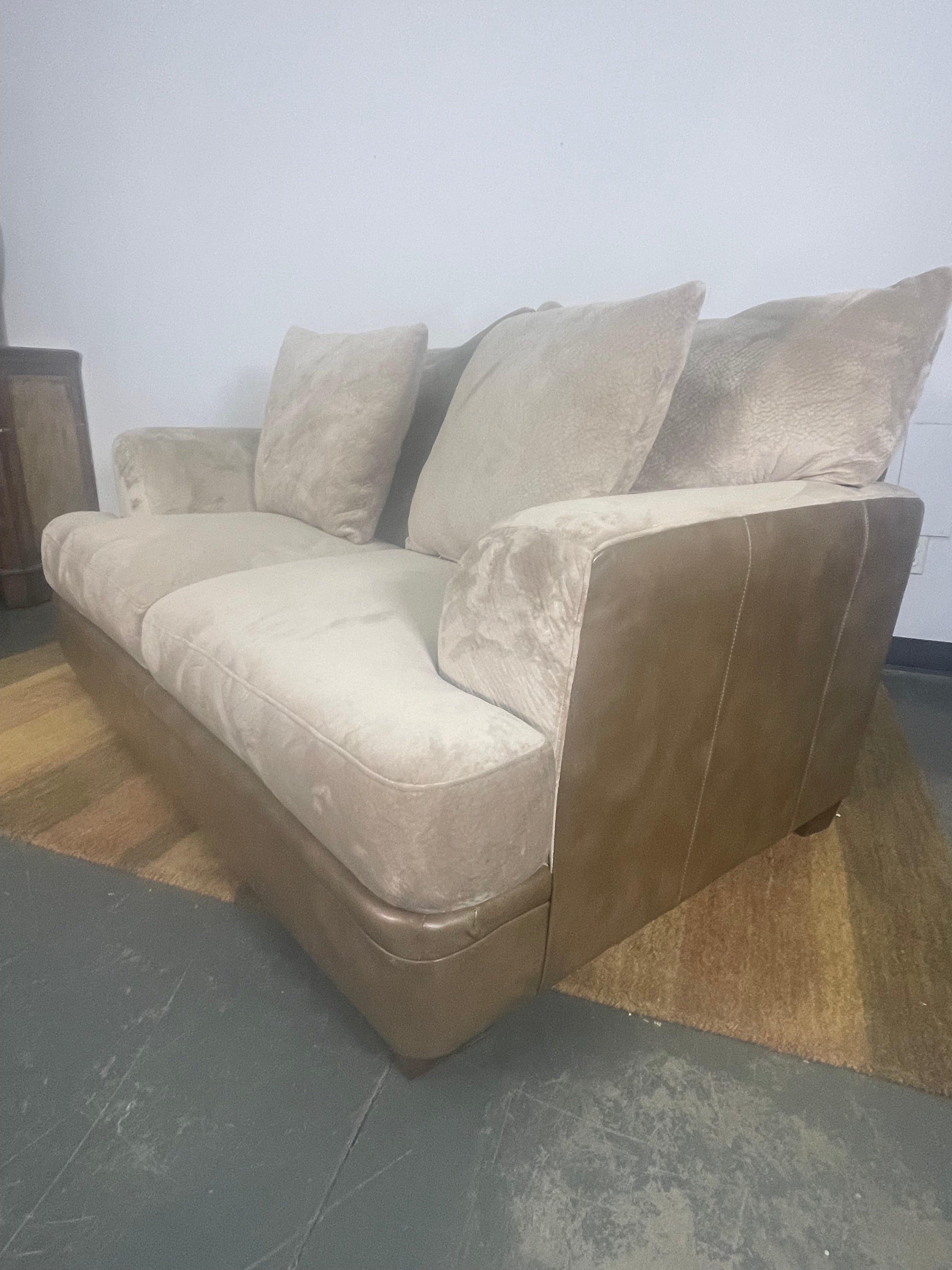 Beige Velvet Loveseat with Leather Base