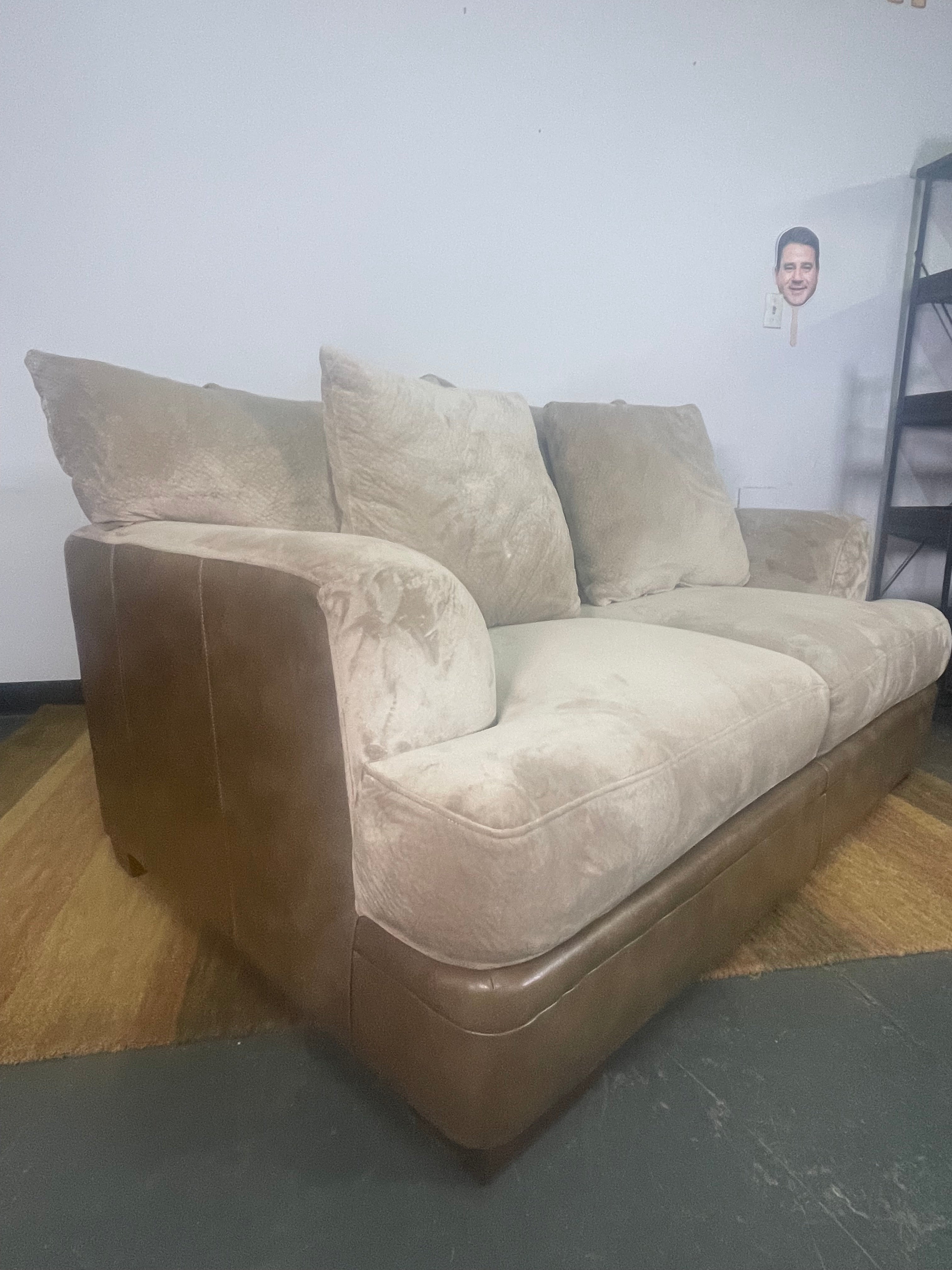 Beige Velvet Loveseat with Leather Base