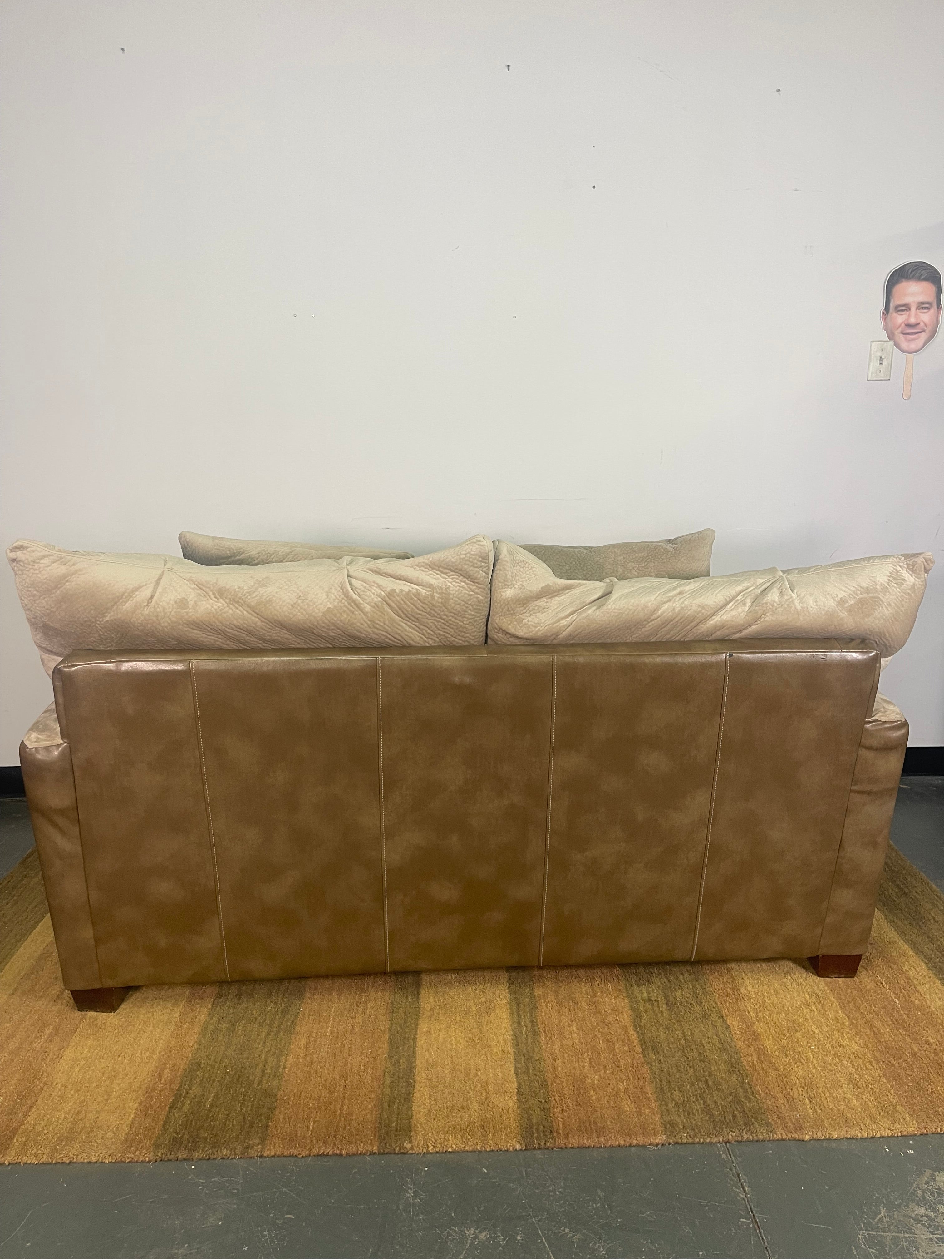 Beige Velvet Loveseat with Leather Base
