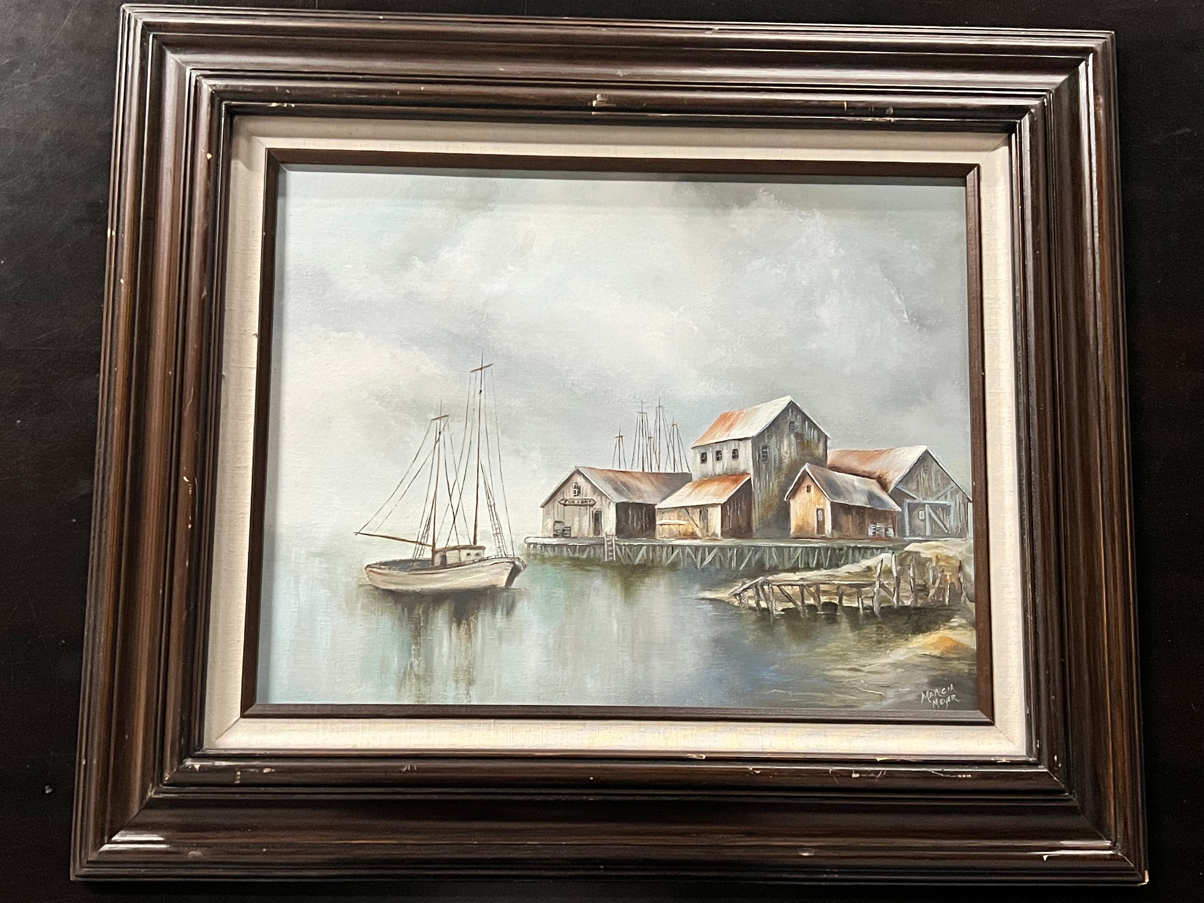 Framed Coastal Harbor Painting