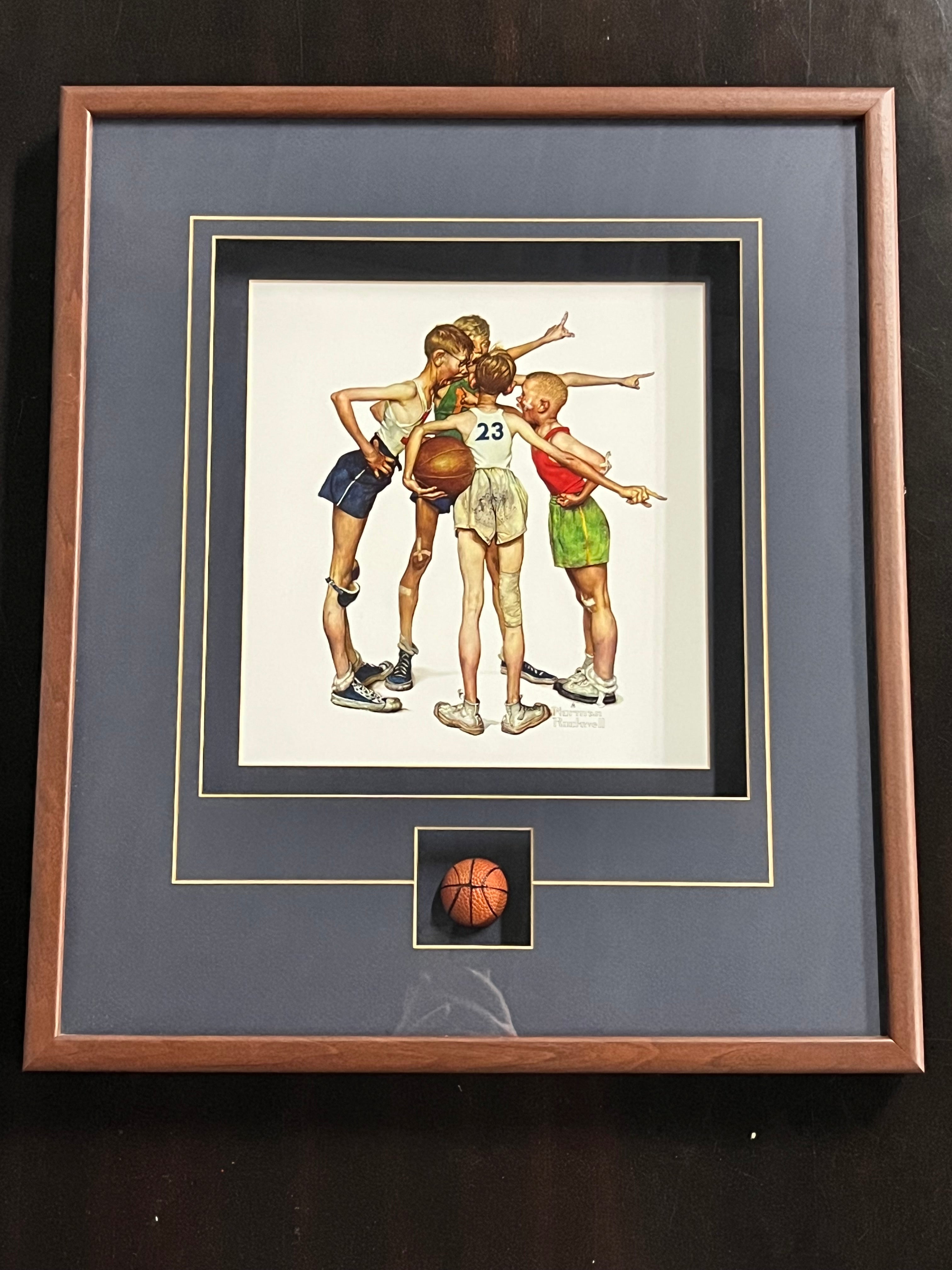 Norman Rockwell “Four Sporting Boys: Basketball” – Framed Sports Illustration with Basketball Display