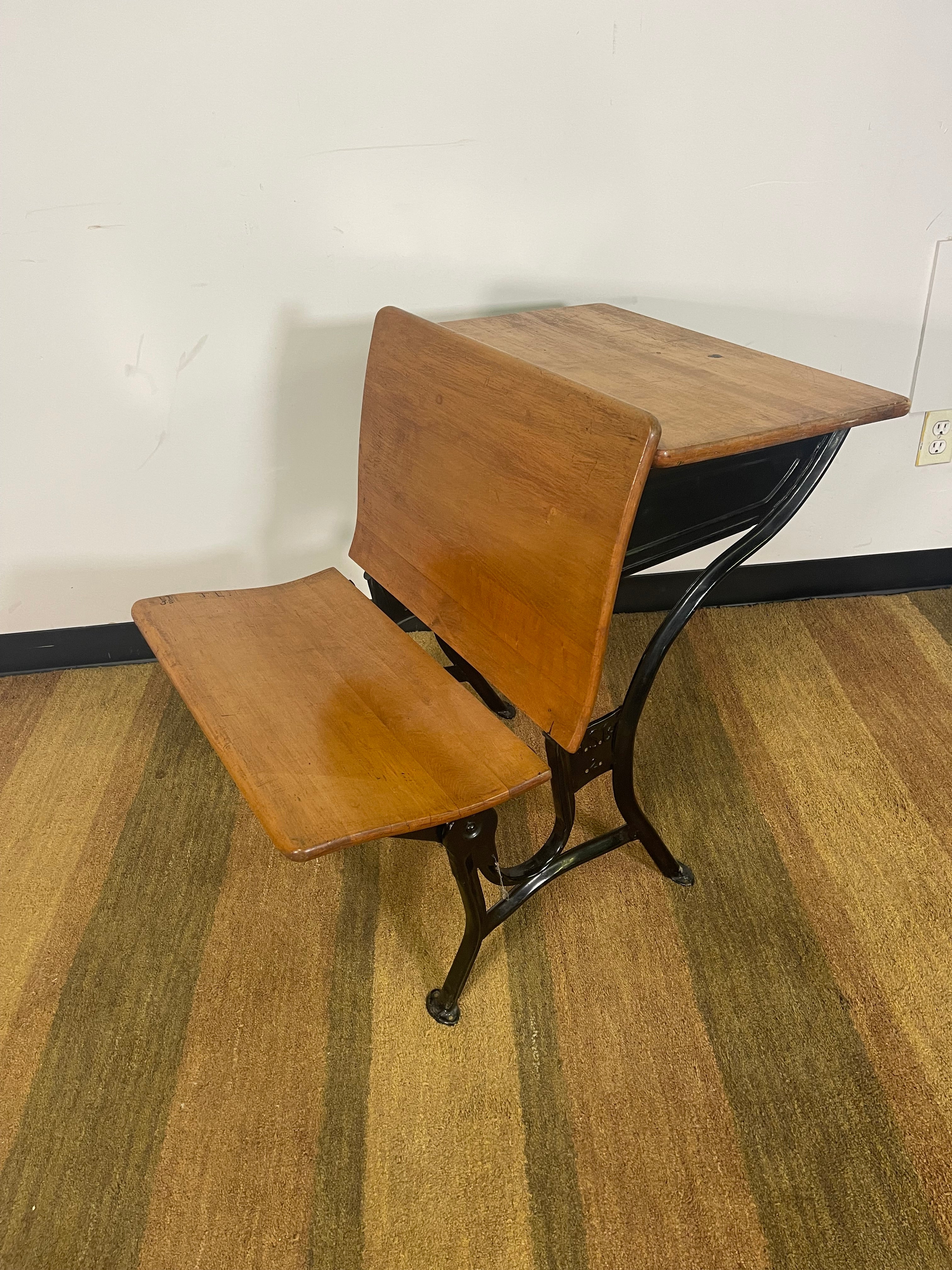 Vintage Cast Iron School Desk with Attached Seat