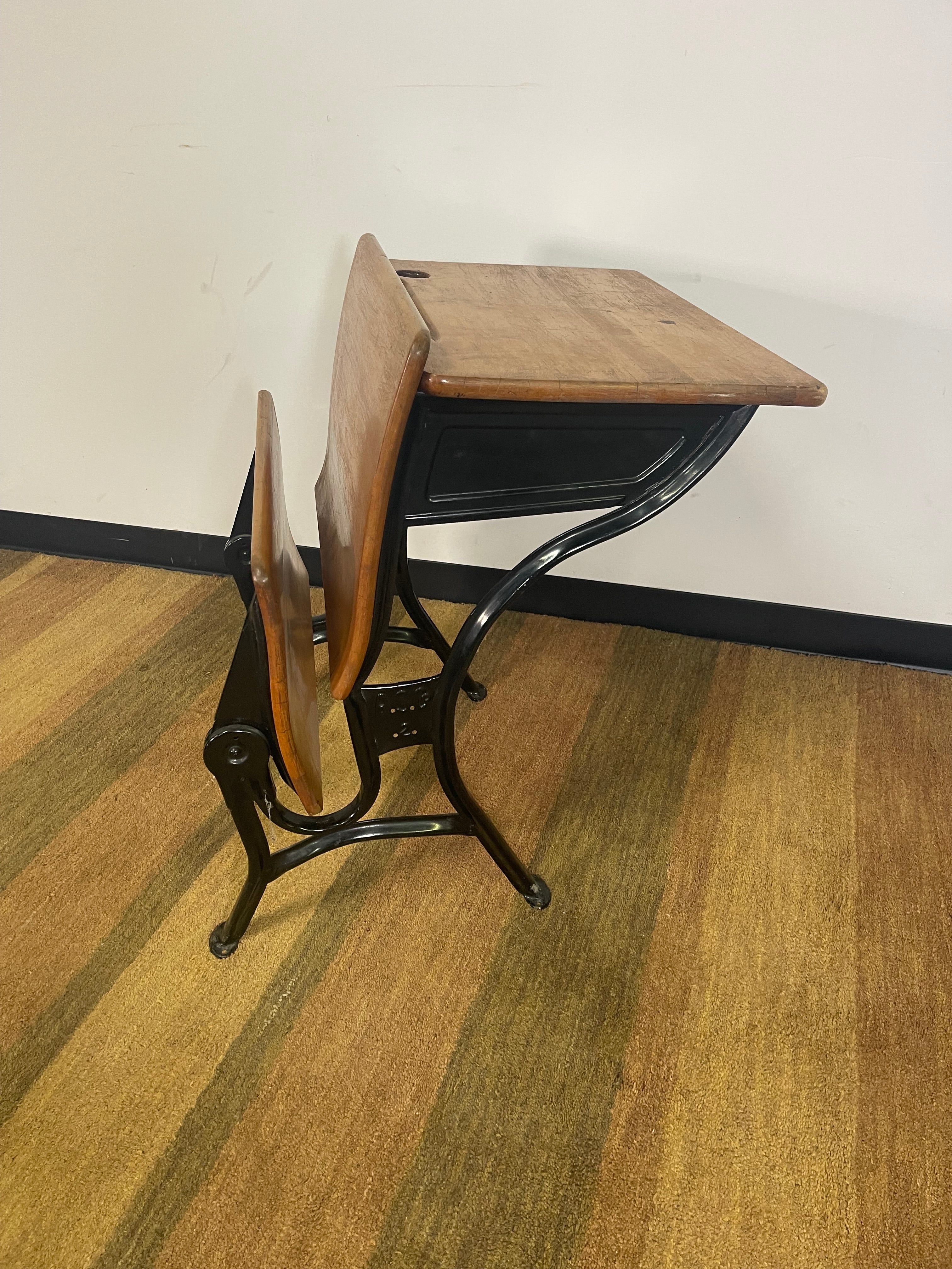Vintage Cast Iron School Desk with Attached Seat