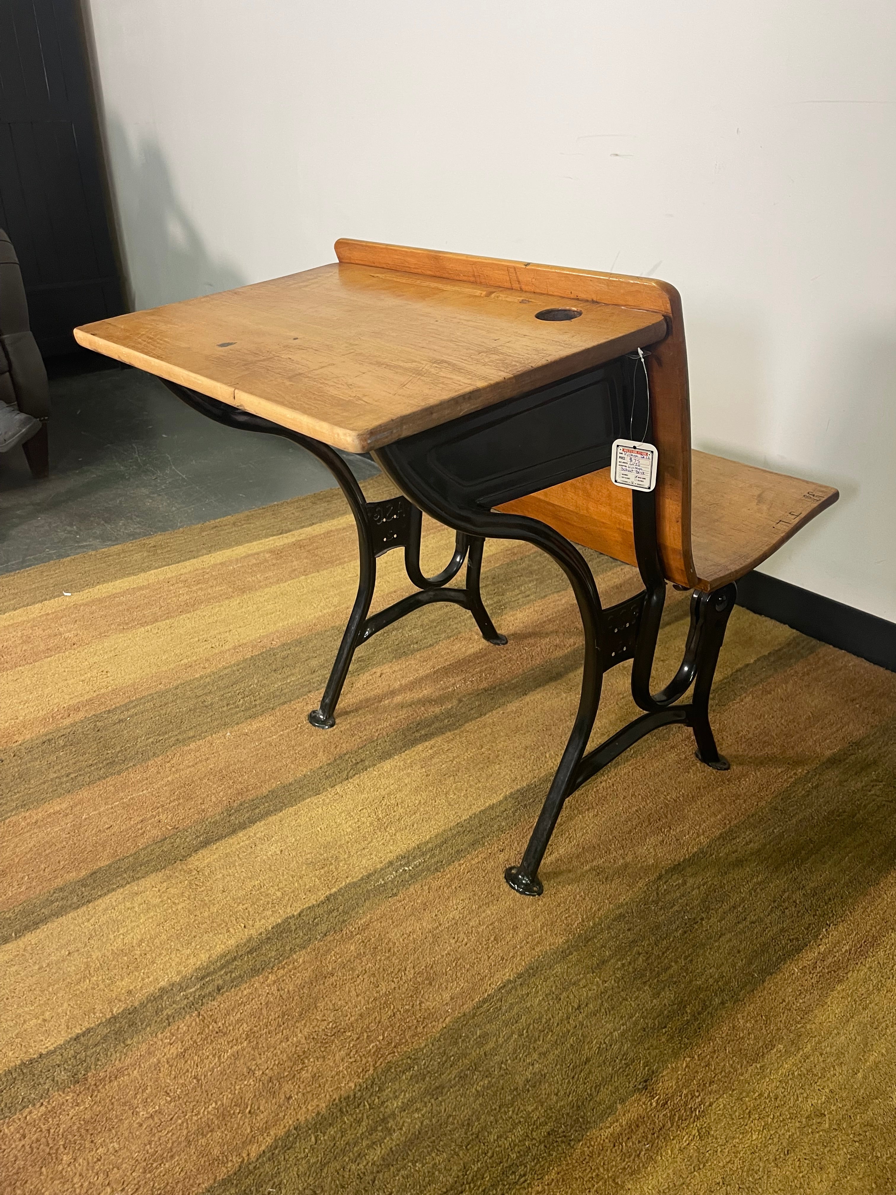 Vintage Cast Iron School Desk with Attached Seat