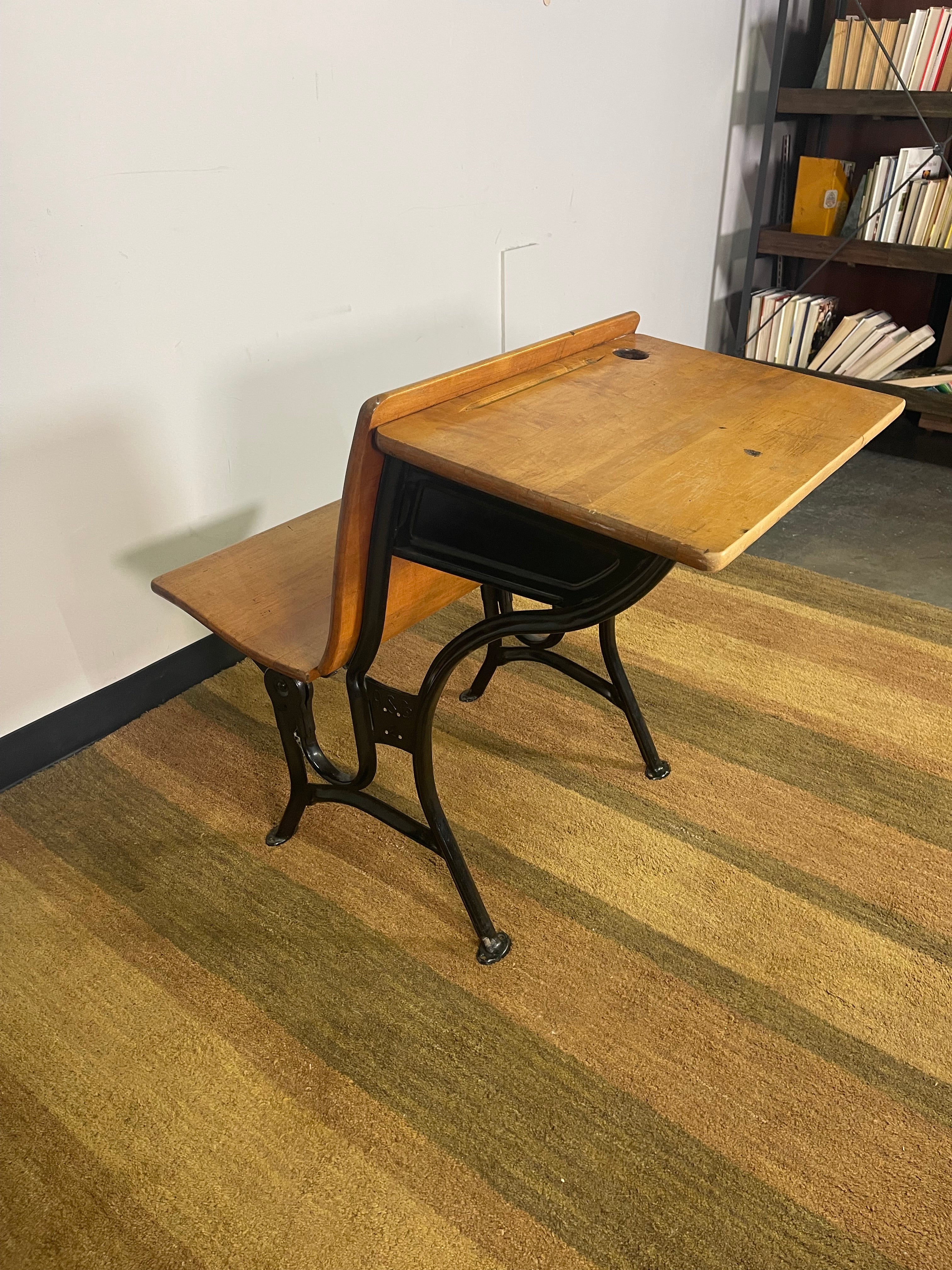 Vintage Cast Iron School Desk with Attached Seat