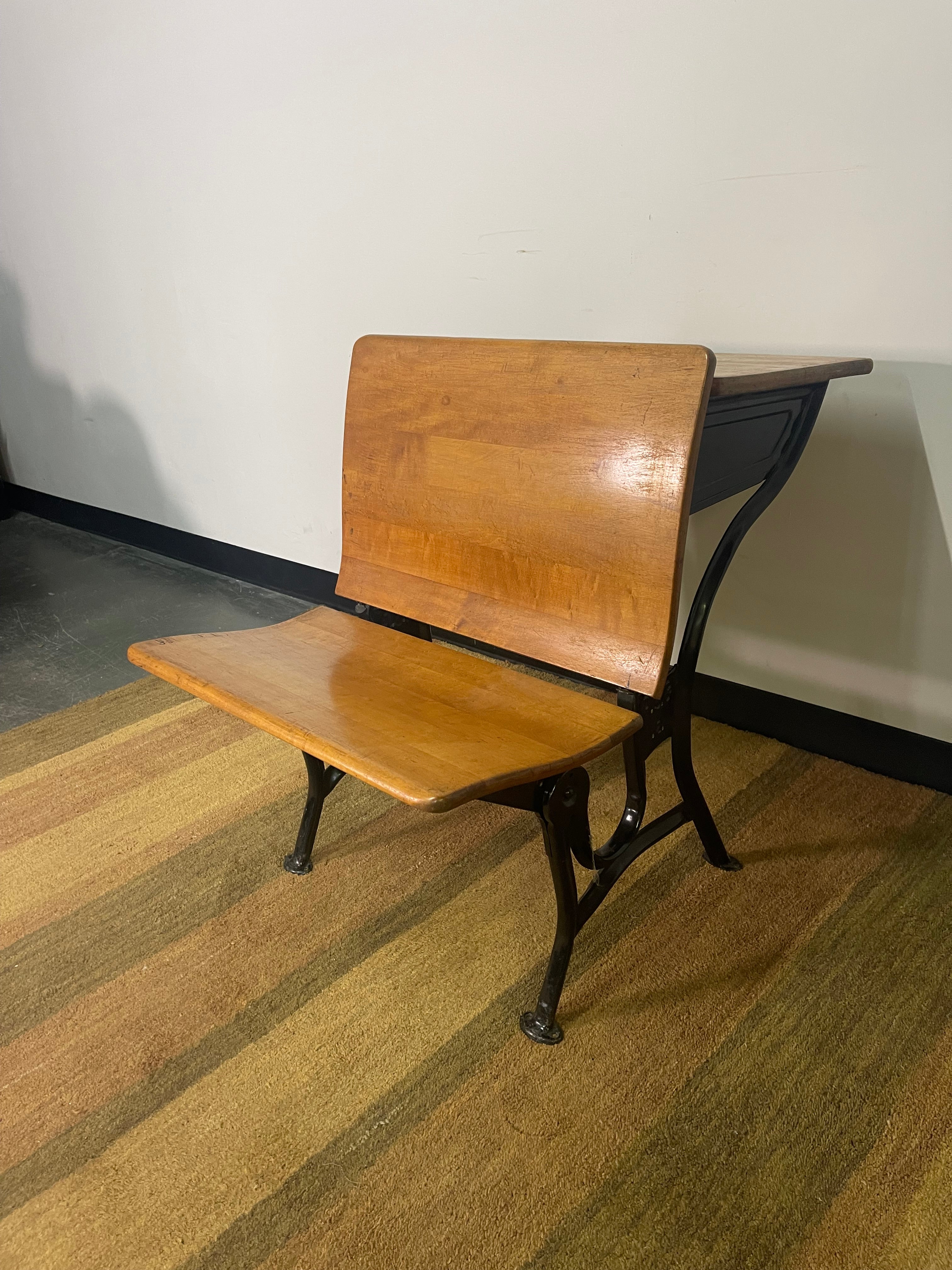 Vintage Cast Iron School Desk with Attached Seat