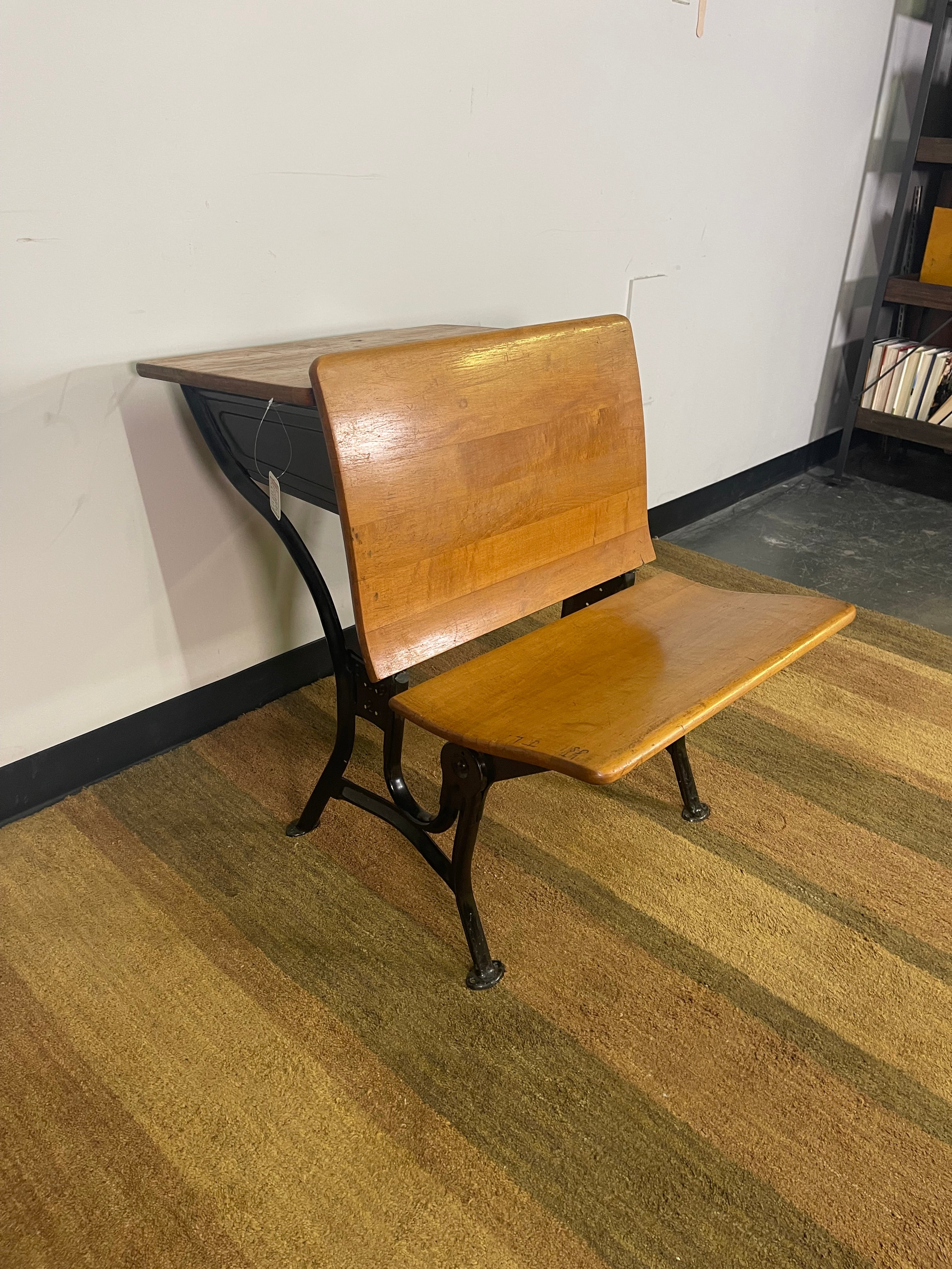 Vintage Cast Iron School Desk with Attached Seat