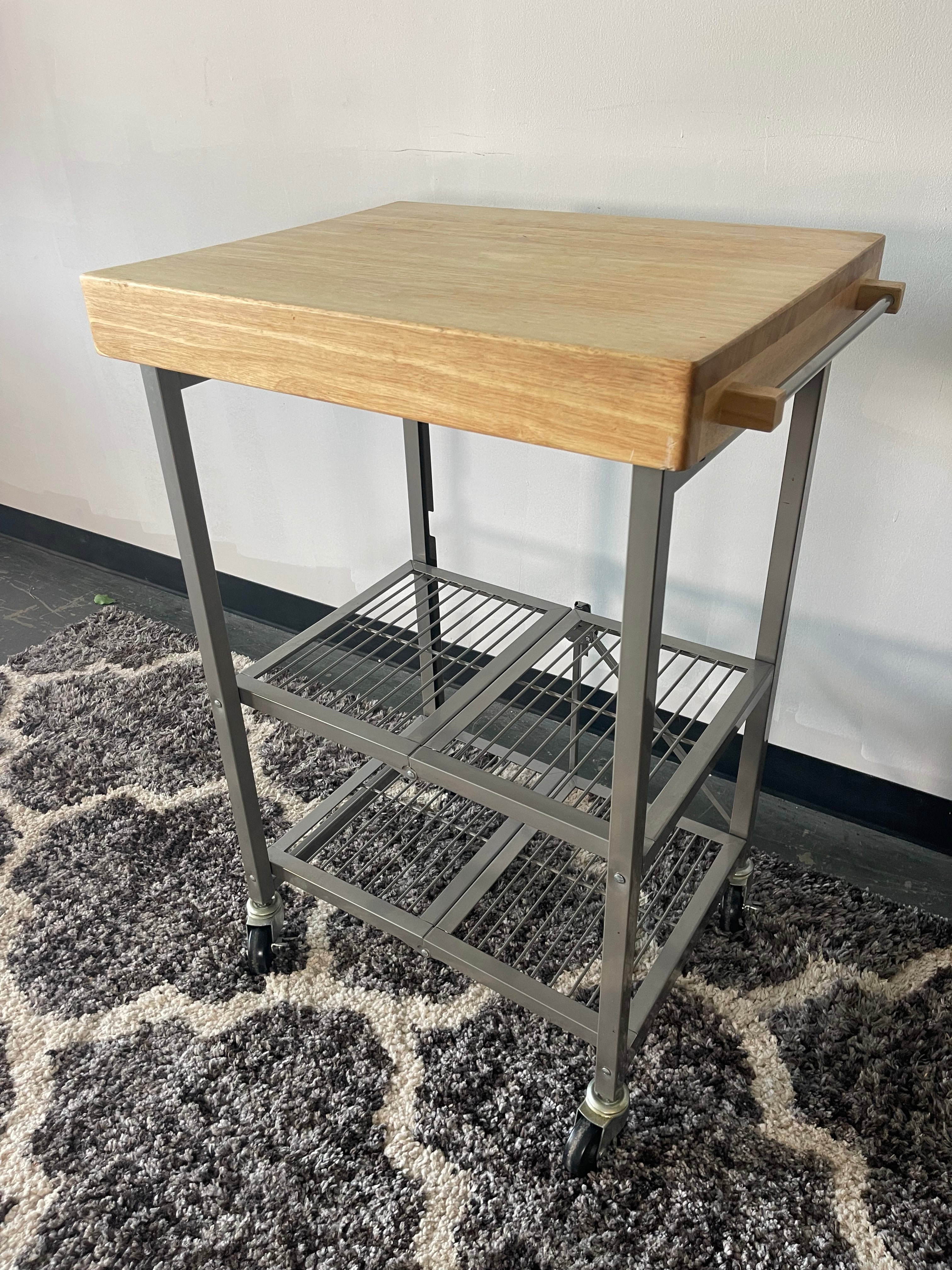 Foldable Butcher Block Kitchen Cart on Wheels