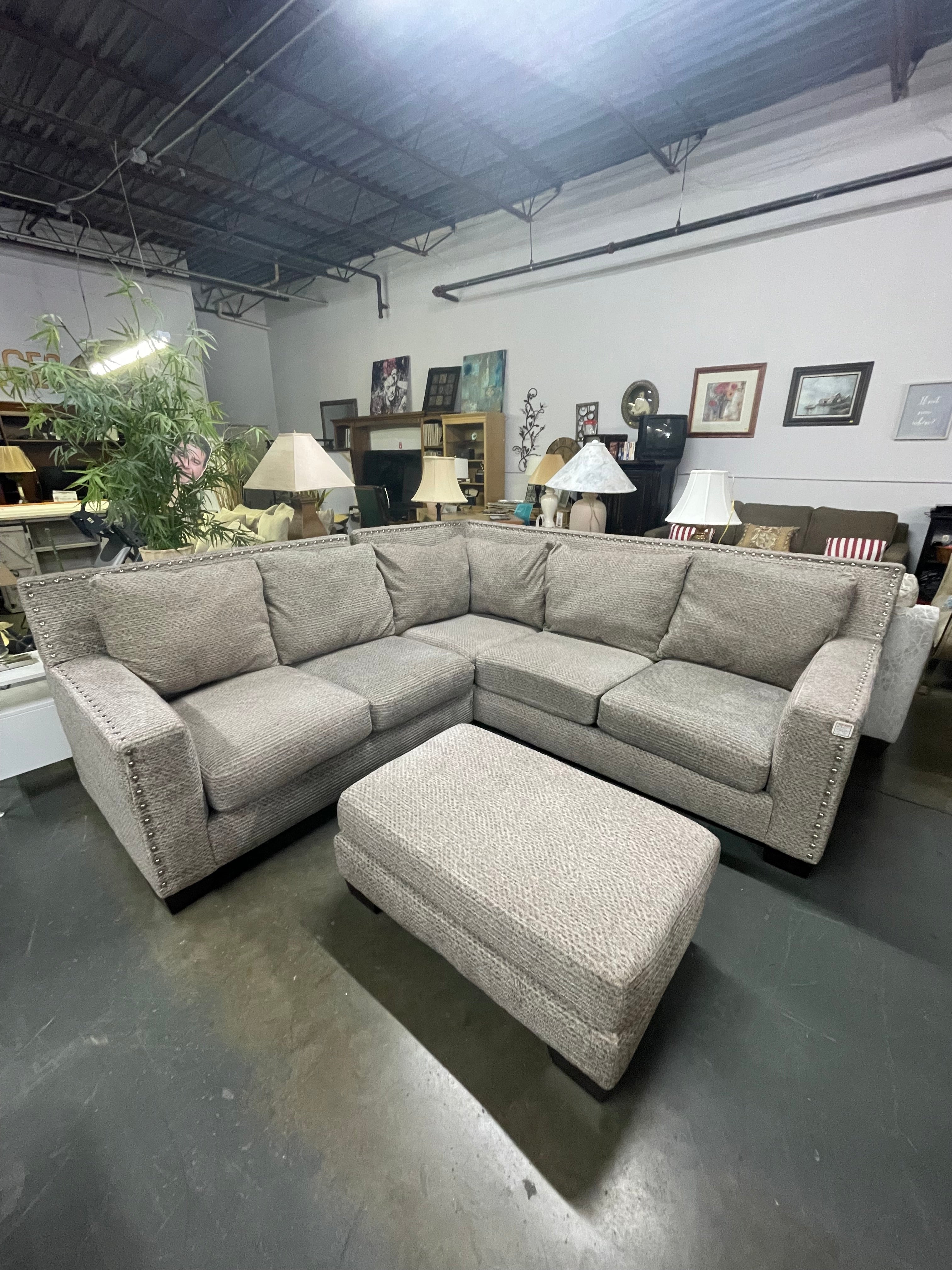 Large Gray Tweed Sectional with Nailhead Trim &amp; Ottoman