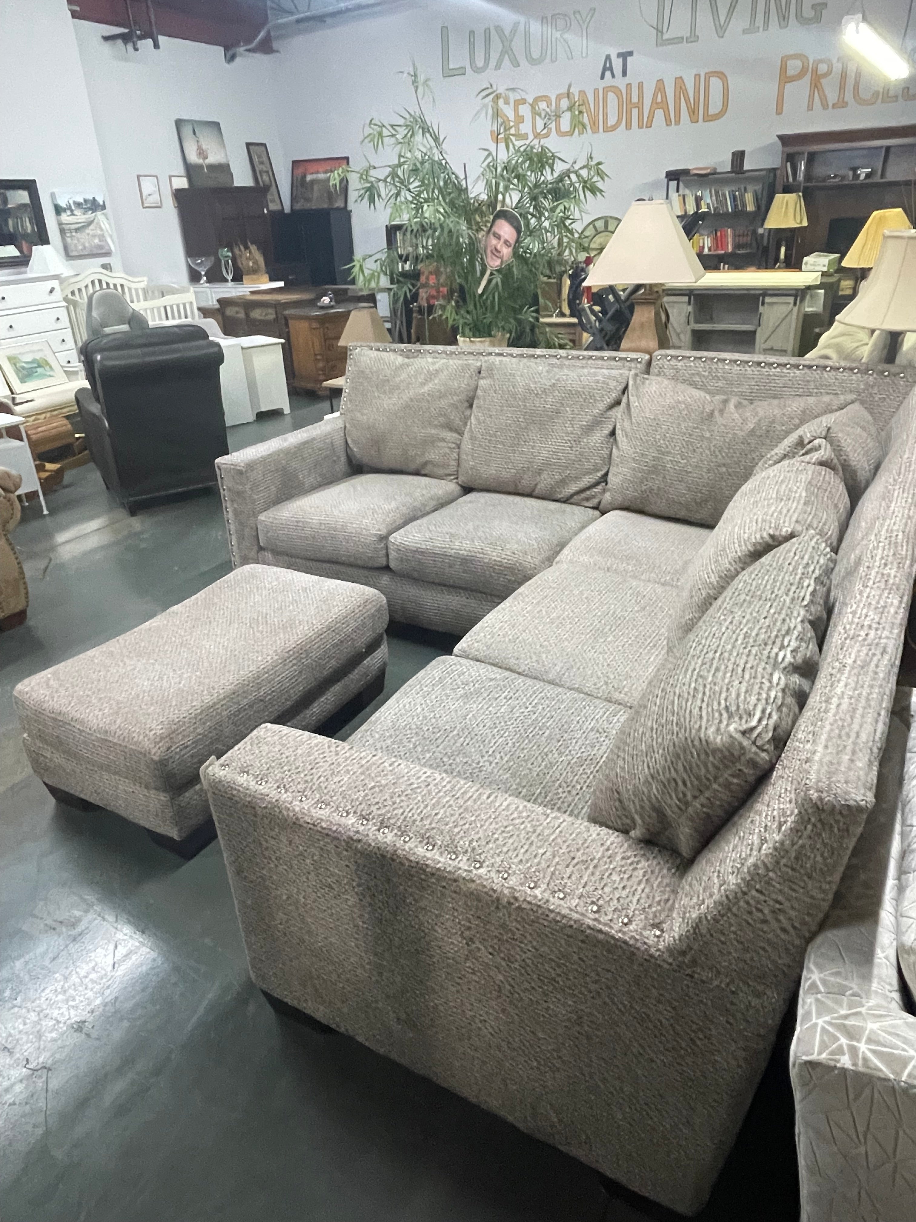 Large Gray Tweed Sectional with Nailhead Trim &amp; Ottoman