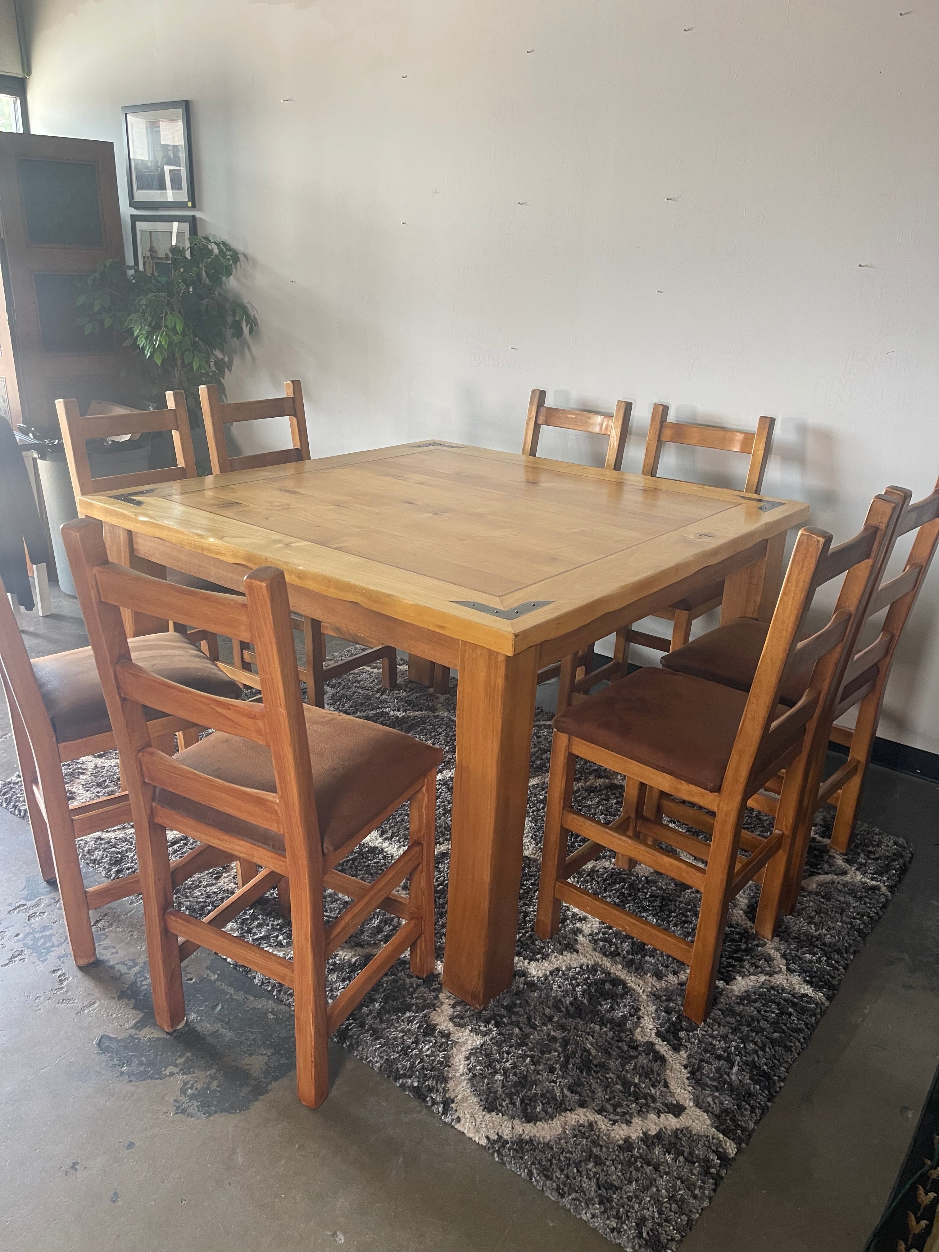 Rustic Pine Counter-Height Dining Set with 8 Chairs