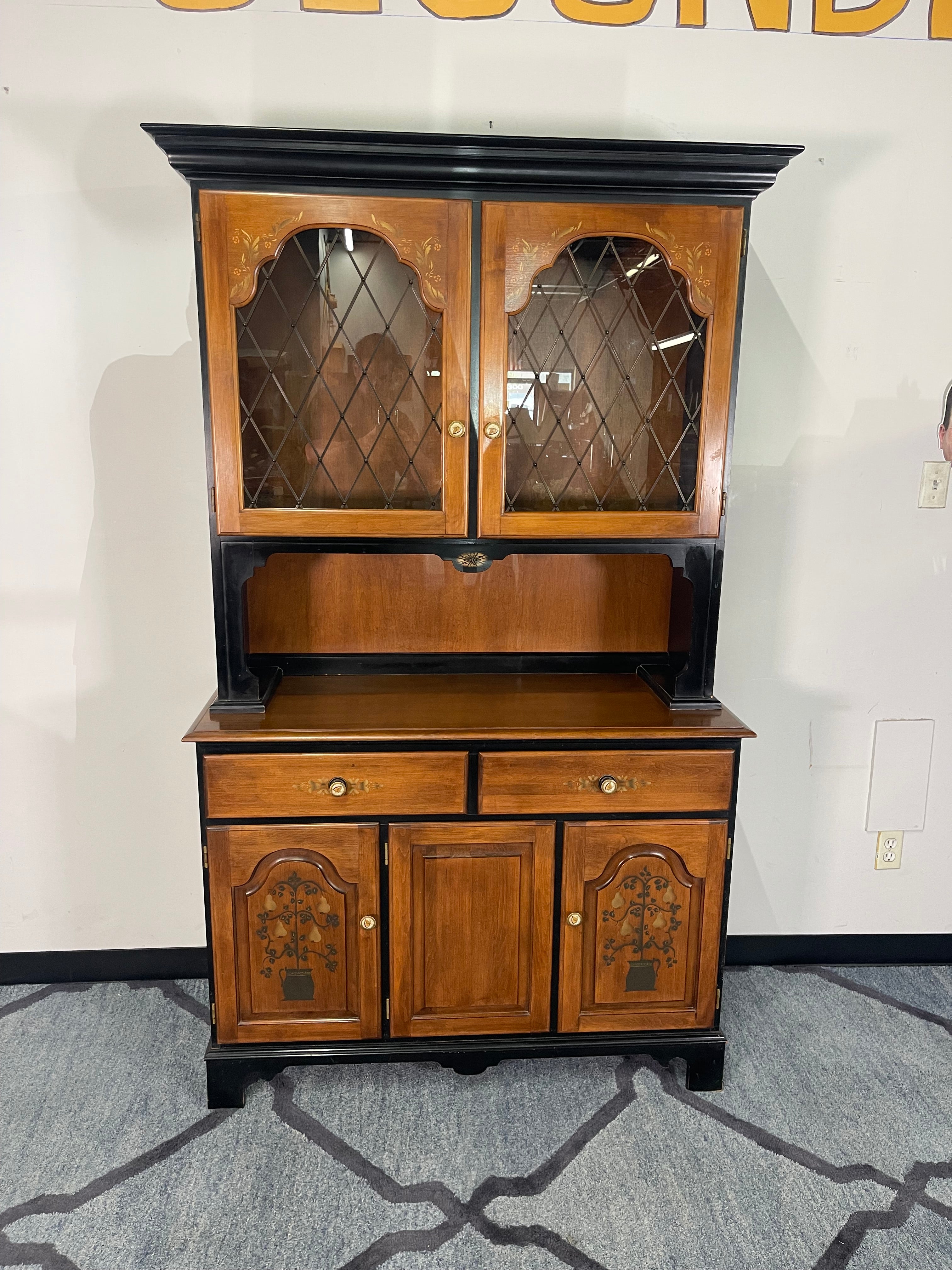 Two-Tone Black & Fruitwood China Hutch with Hand-Painted Pear Tree Doors