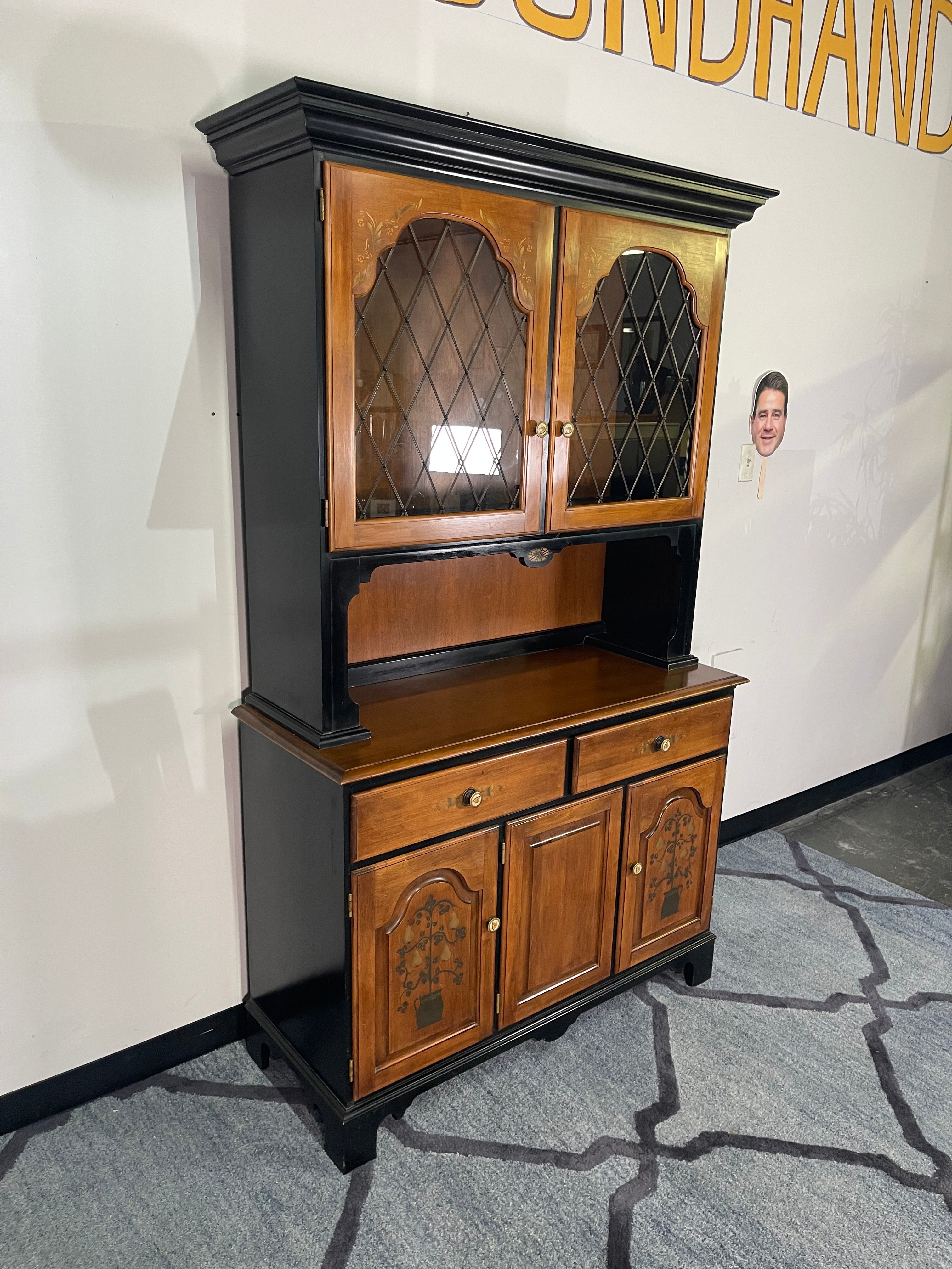 Two-Tone Black & Fruitwood China Hutch with Hand-Painted Pear Tree Doors