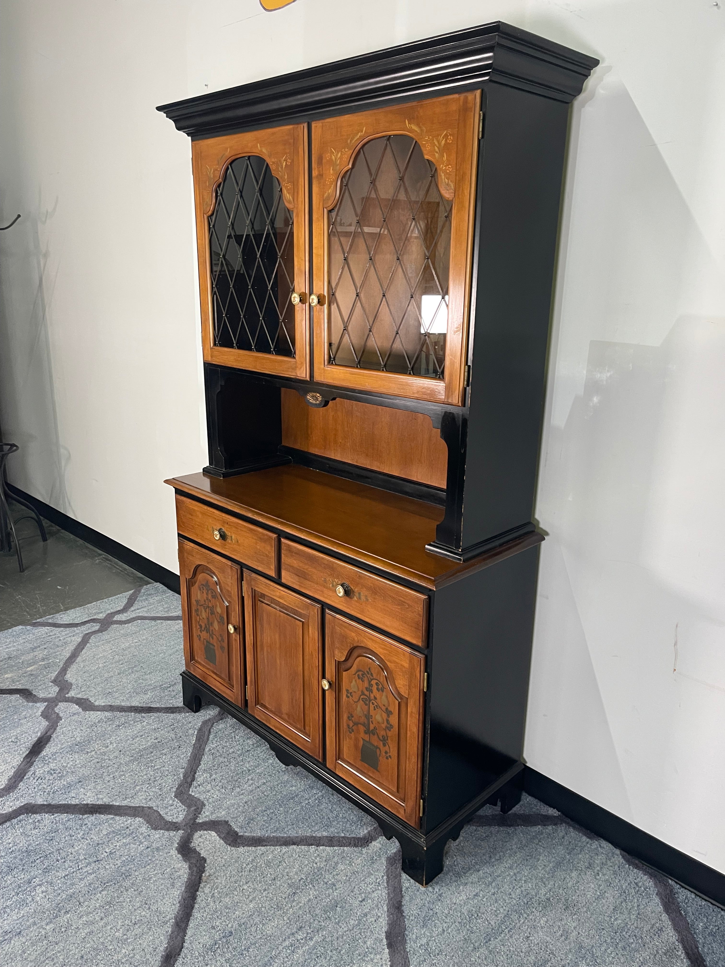 Two-Tone Black & Fruitwood China Hutch with Hand-Painted Pear Tree Doors