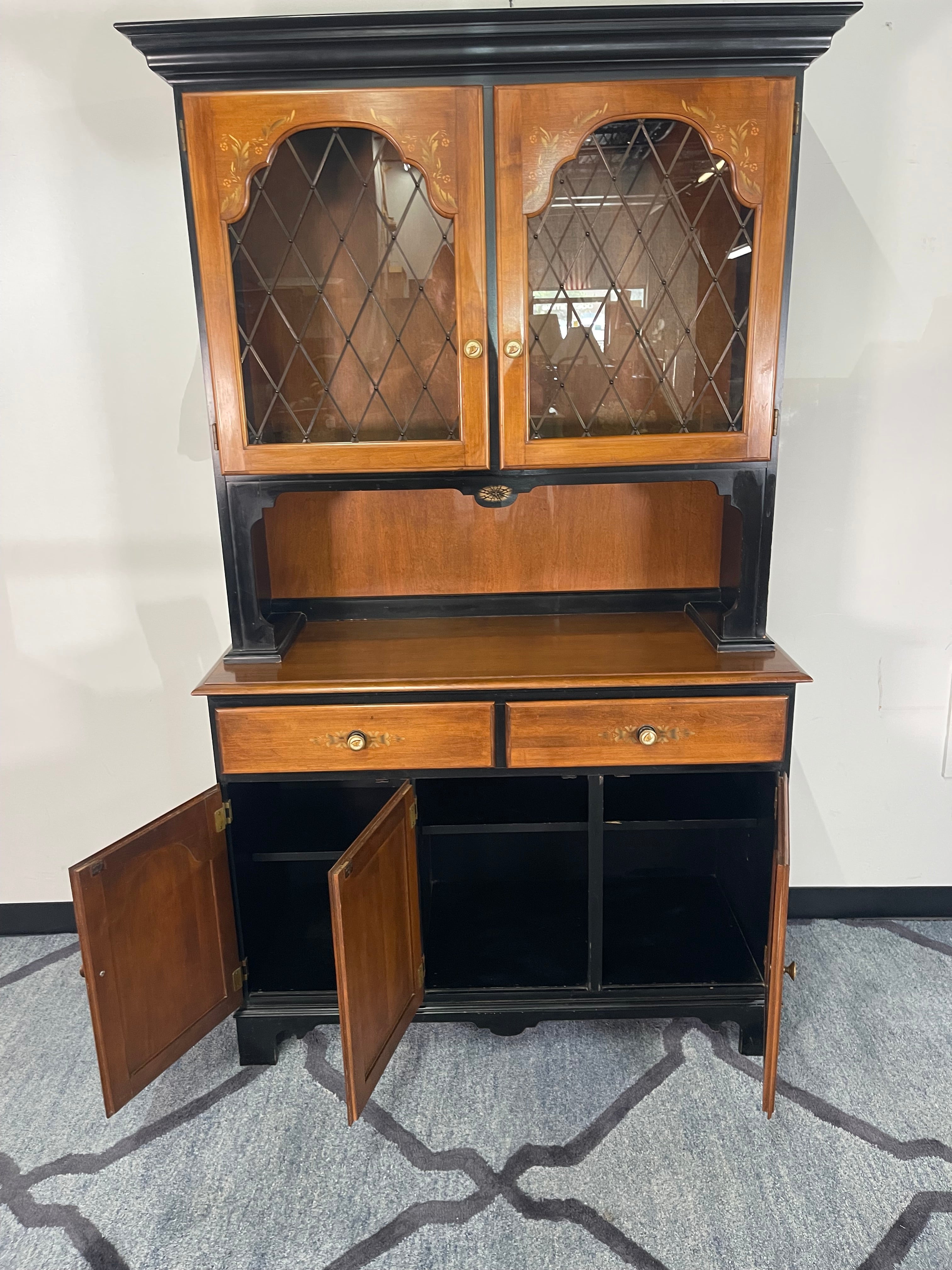 Two-Tone Black & Fruitwood China Hutch with Hand-Painted Pear Tree Doors