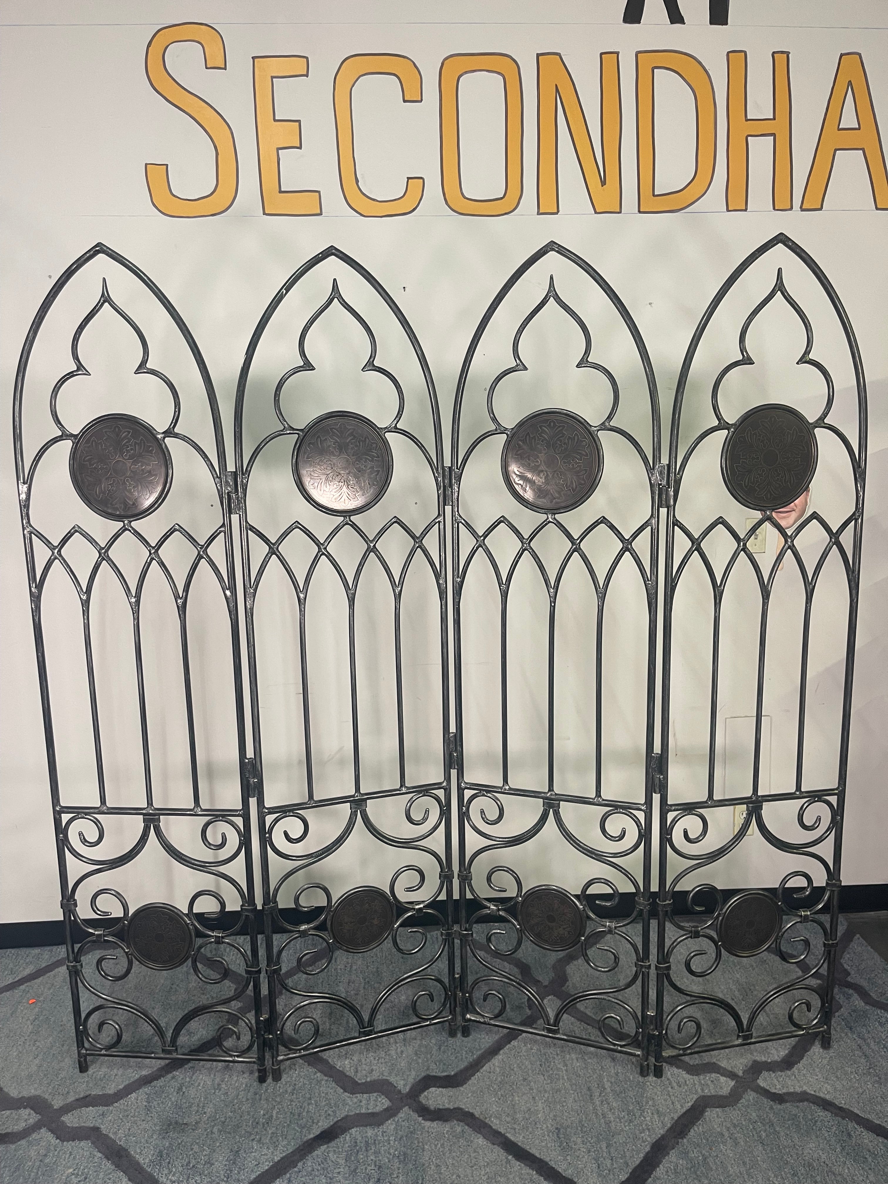 Vintage Gothic Arch Wrought Iron 4-Panel Room Divider