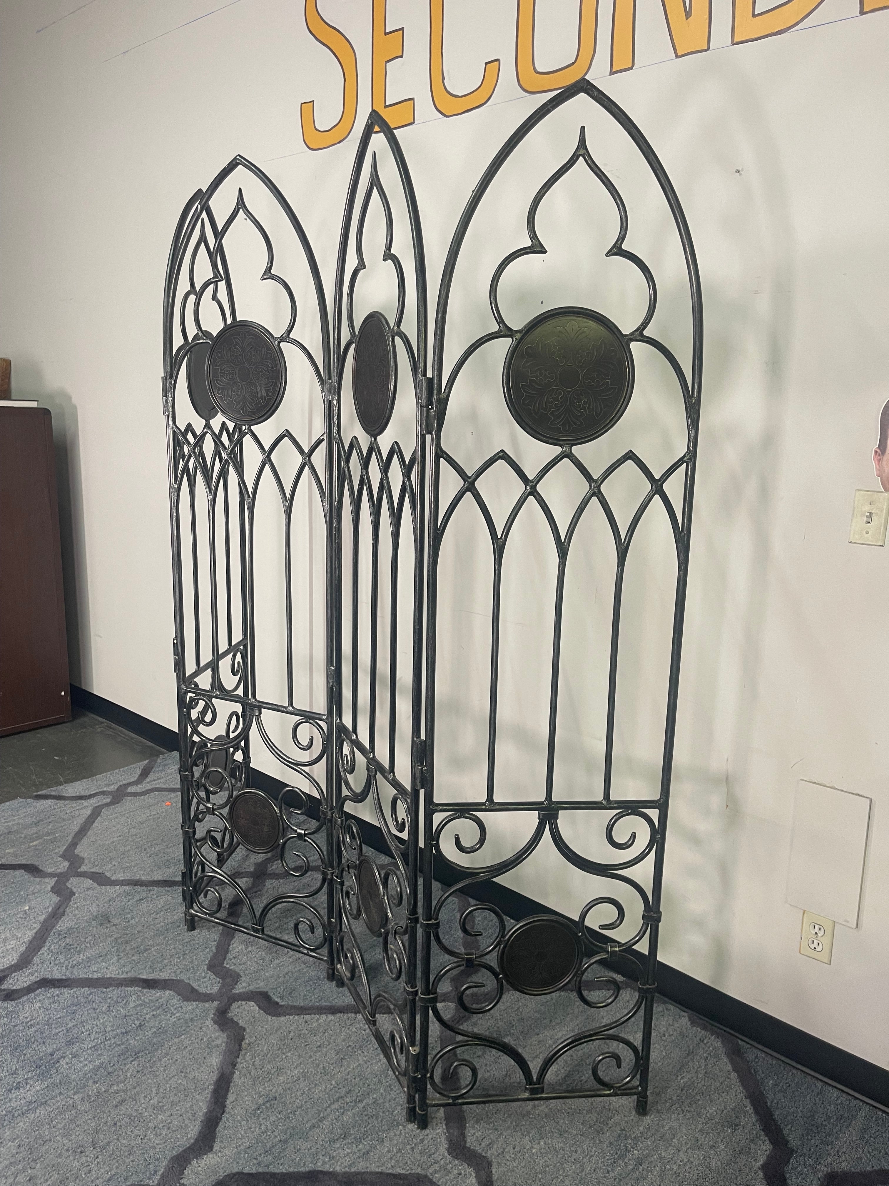 Vintage Gothic Arch Wrought Iron 4-Panel Room Divider