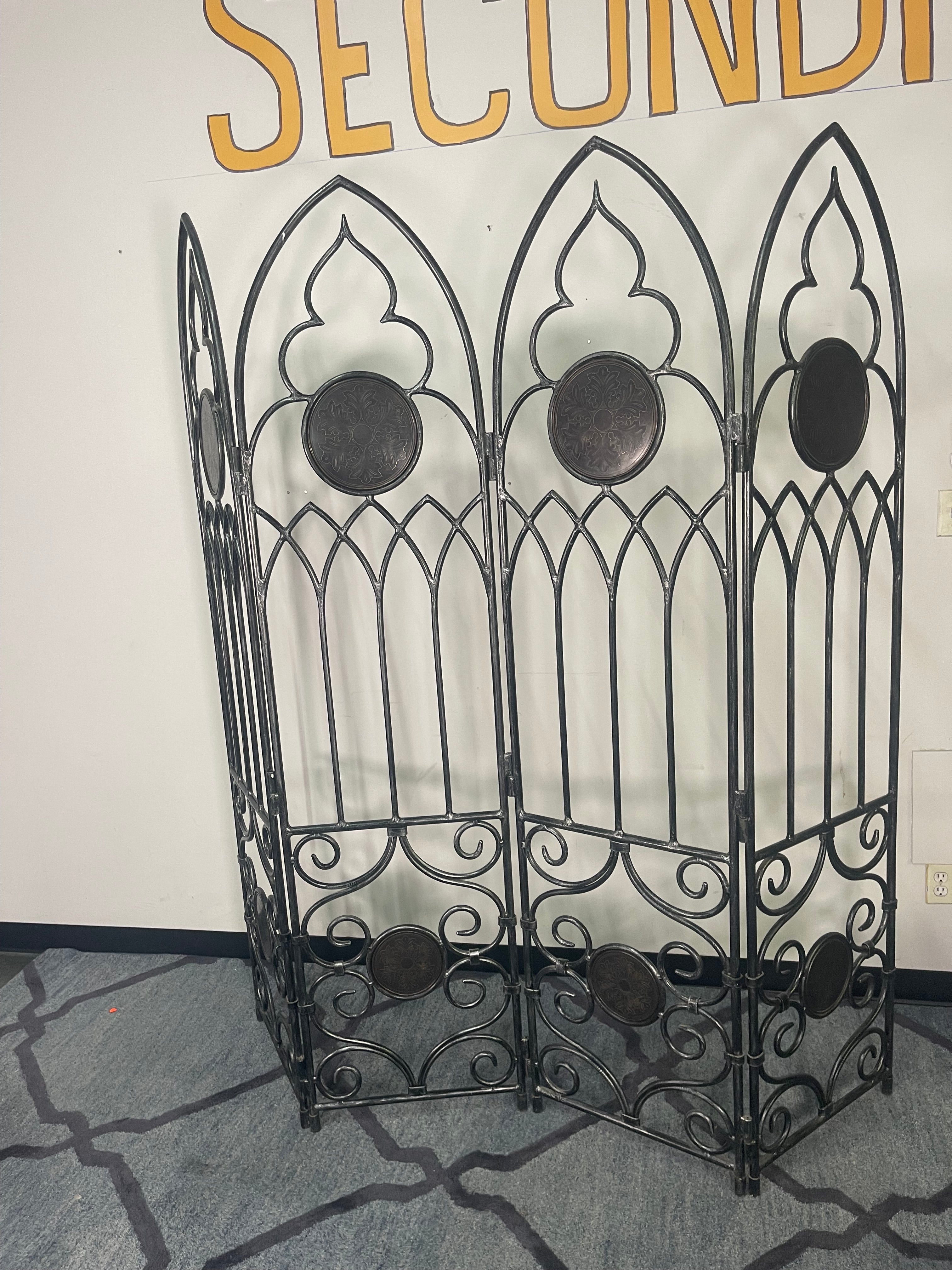 Vintage Gothic Arch Wrought Iron 4-Panel Room Divider