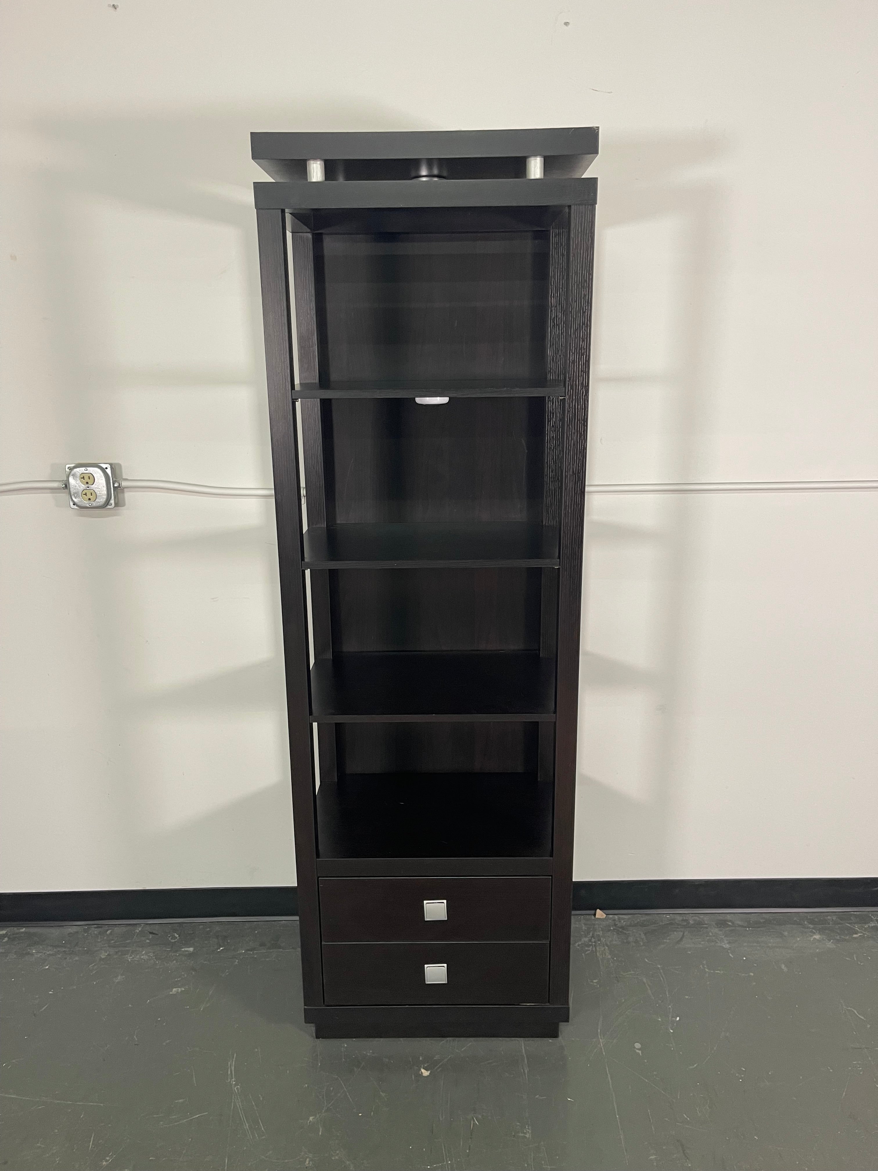 Tall Espresso Shelving Tower with Drawers