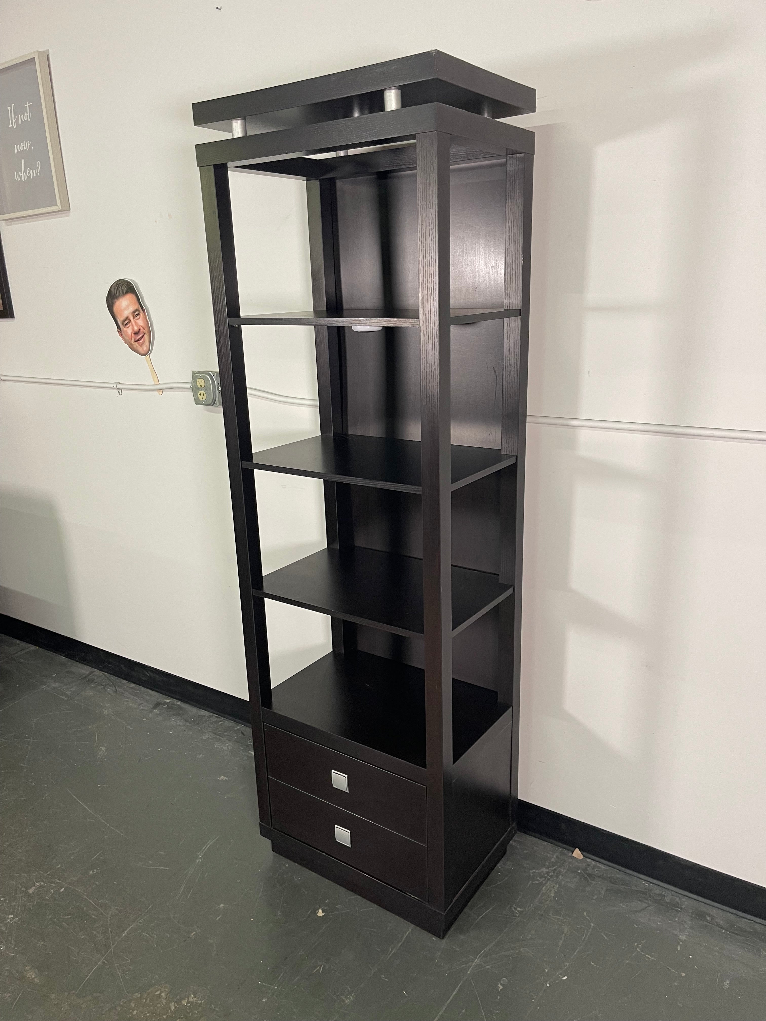 Tall Espresso Shelving Tower with Drawers