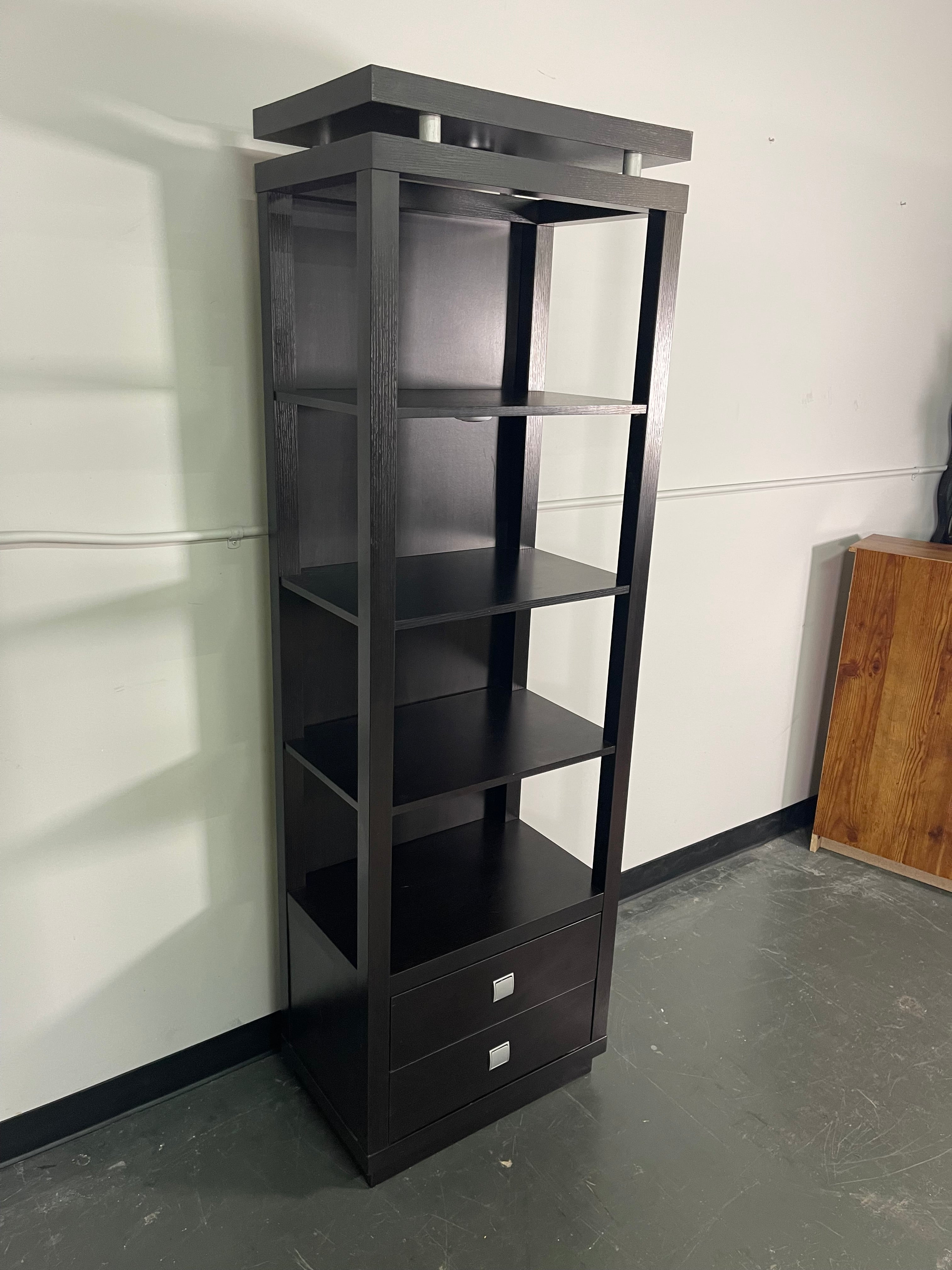 Tall Espresso Shelving Tower with Drawers
