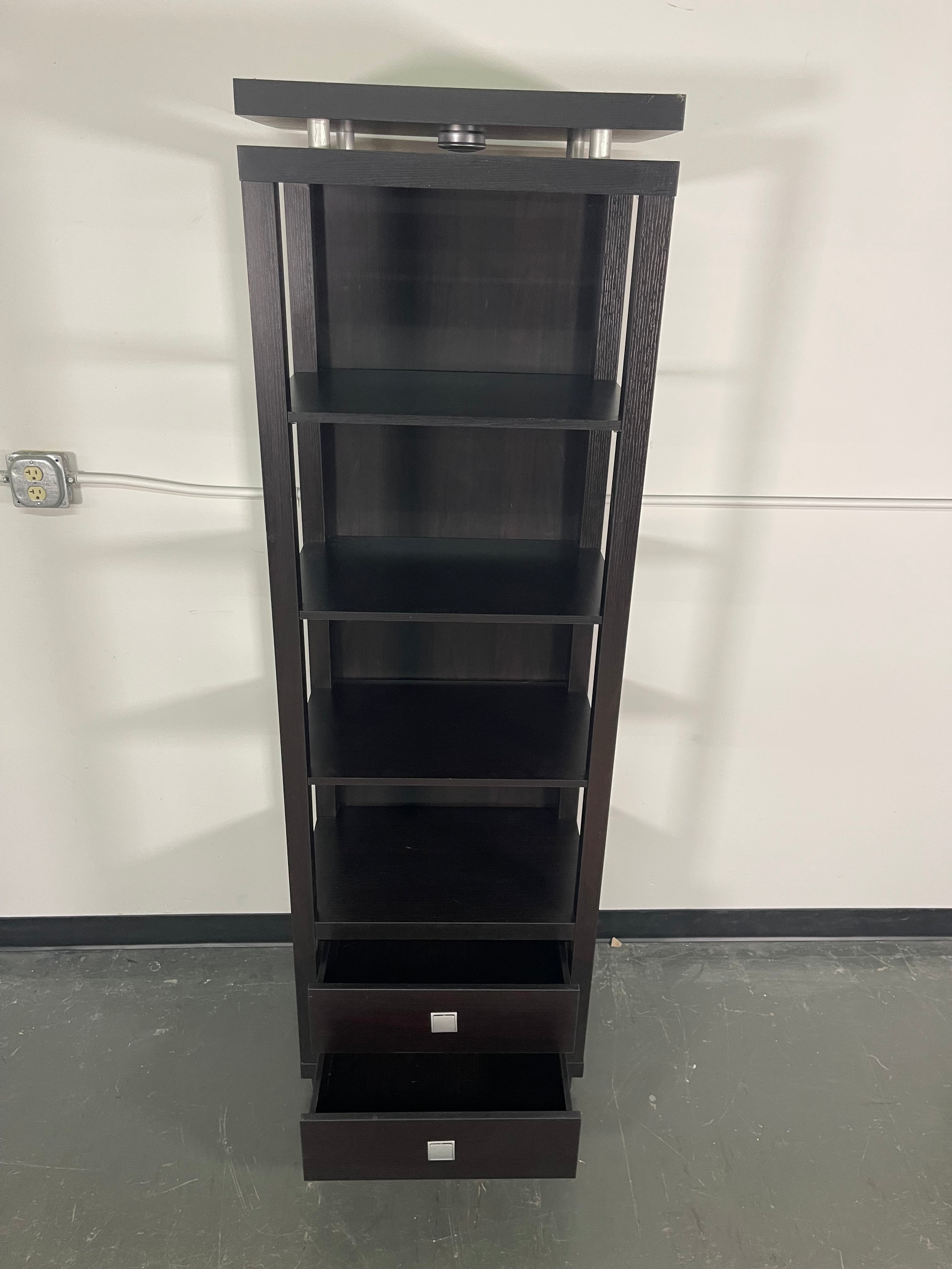 Tall Espresso Shelving Tower with Drawers