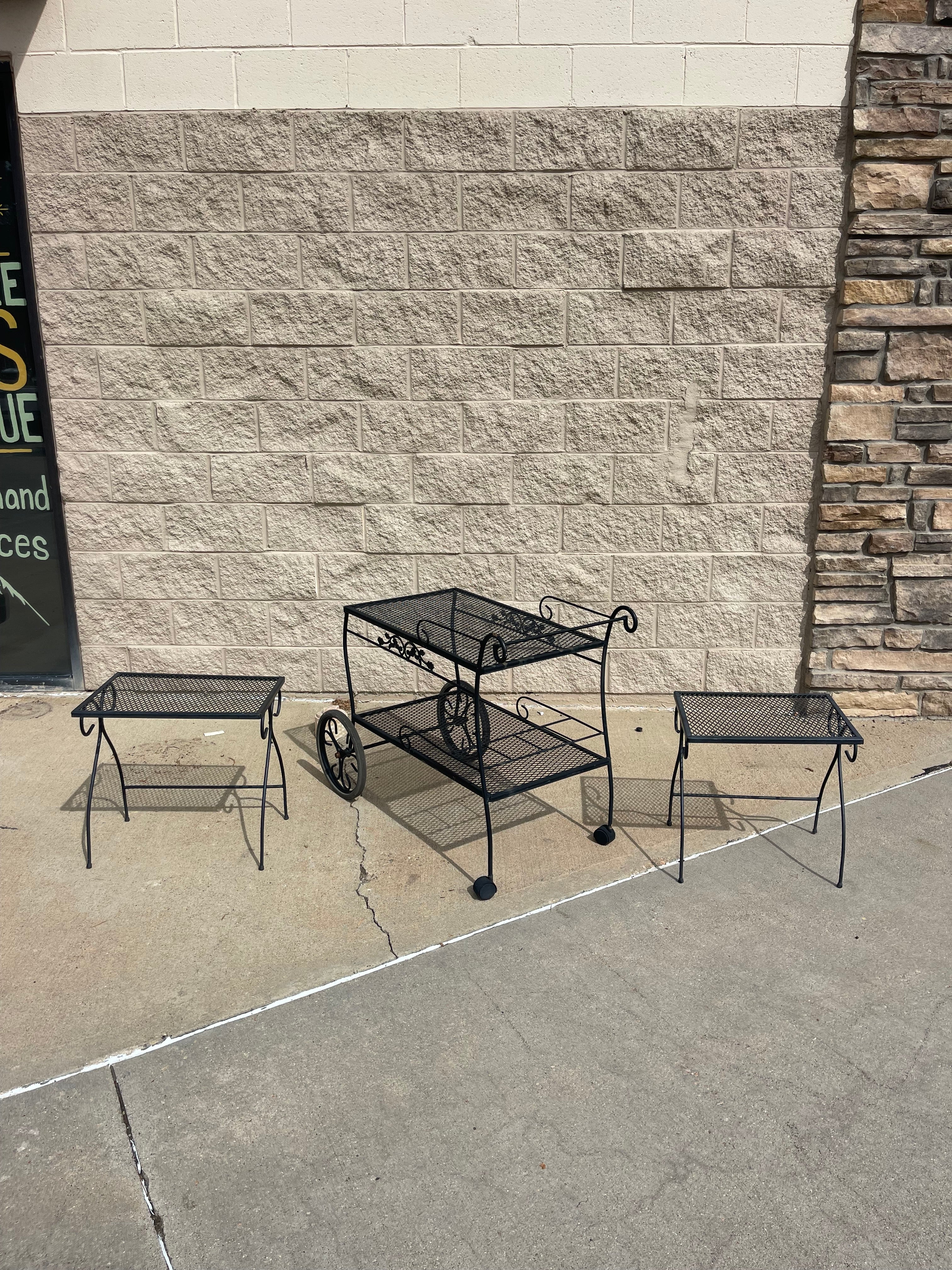 Wrought Iron Bar Cart with 2 Matching Side Tables