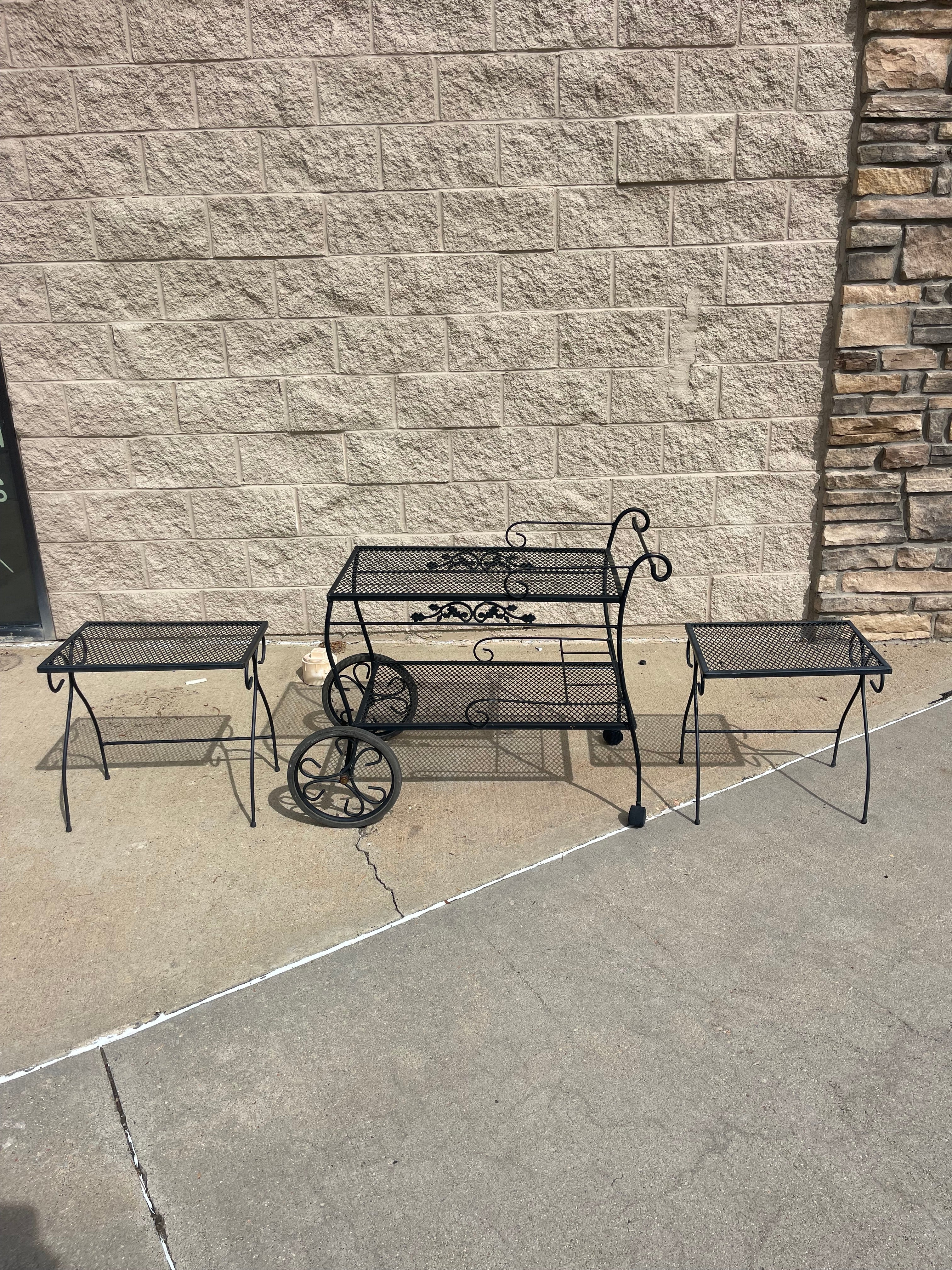 Wrought Iron Bar Cart with 2 Matching Side Tables