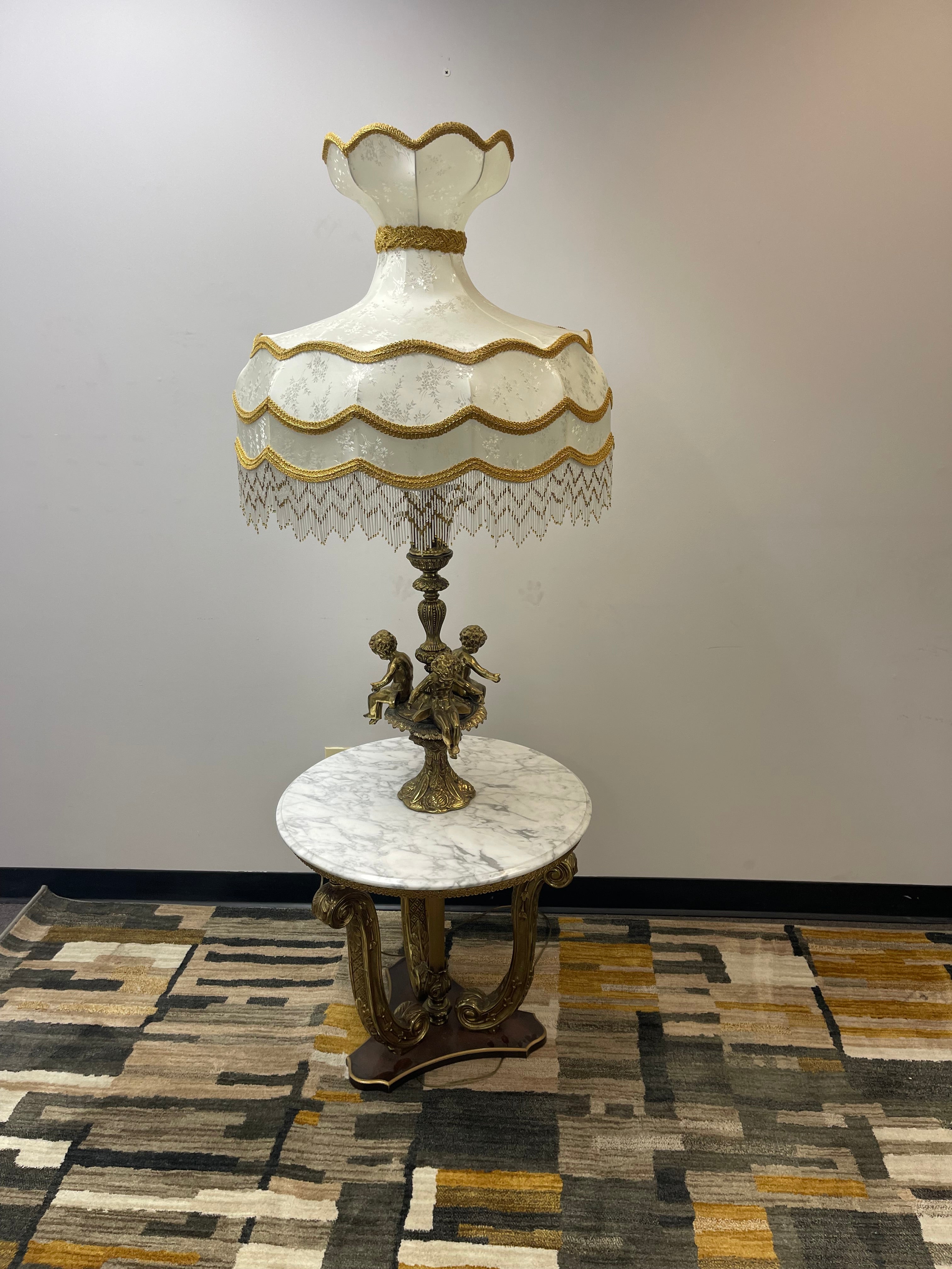 Vintage Cherub Lamp Table with Beaded Fringe Shade