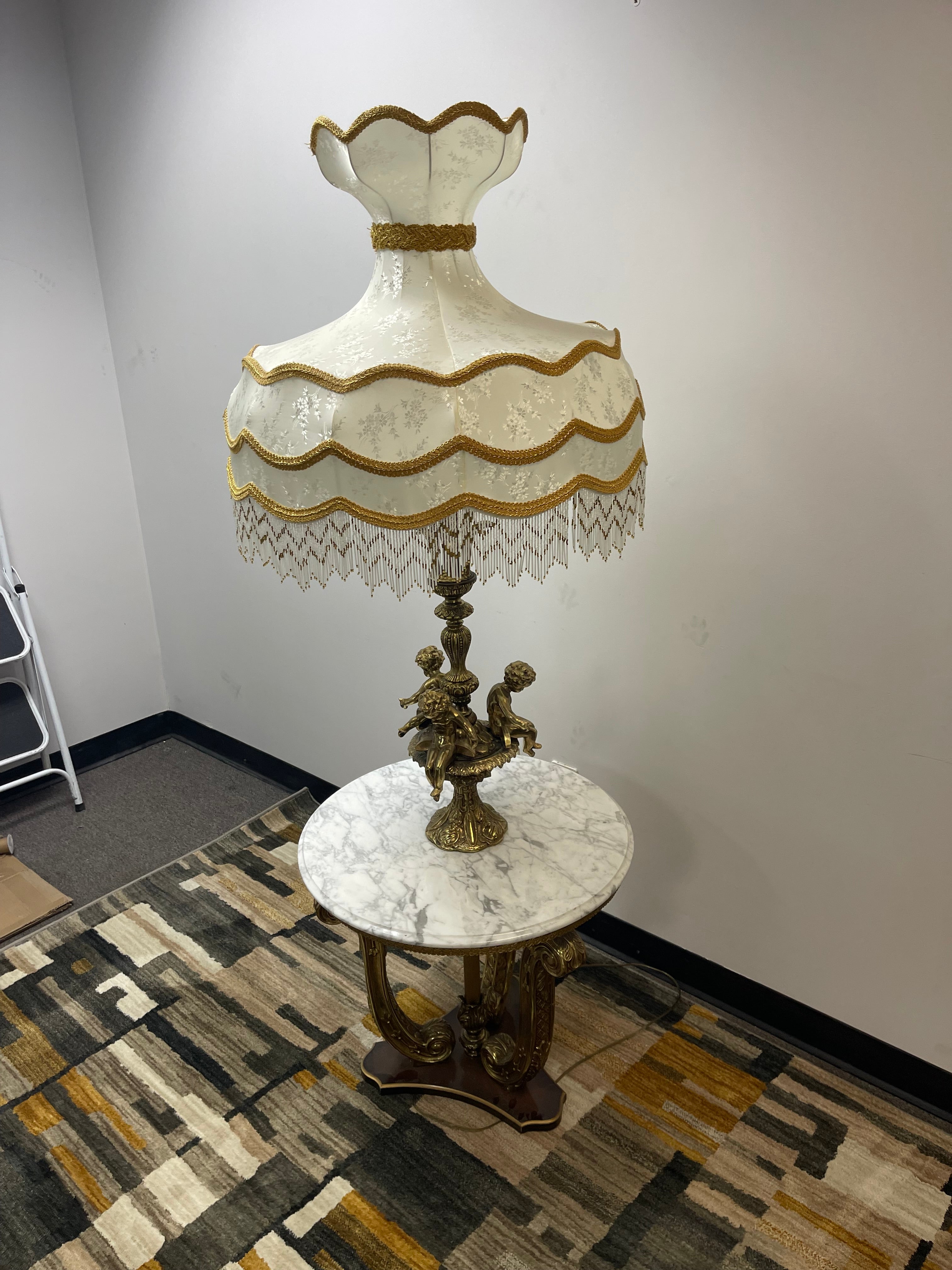 Vintage Cherub Lamp Table with Beaded Fringe Shade