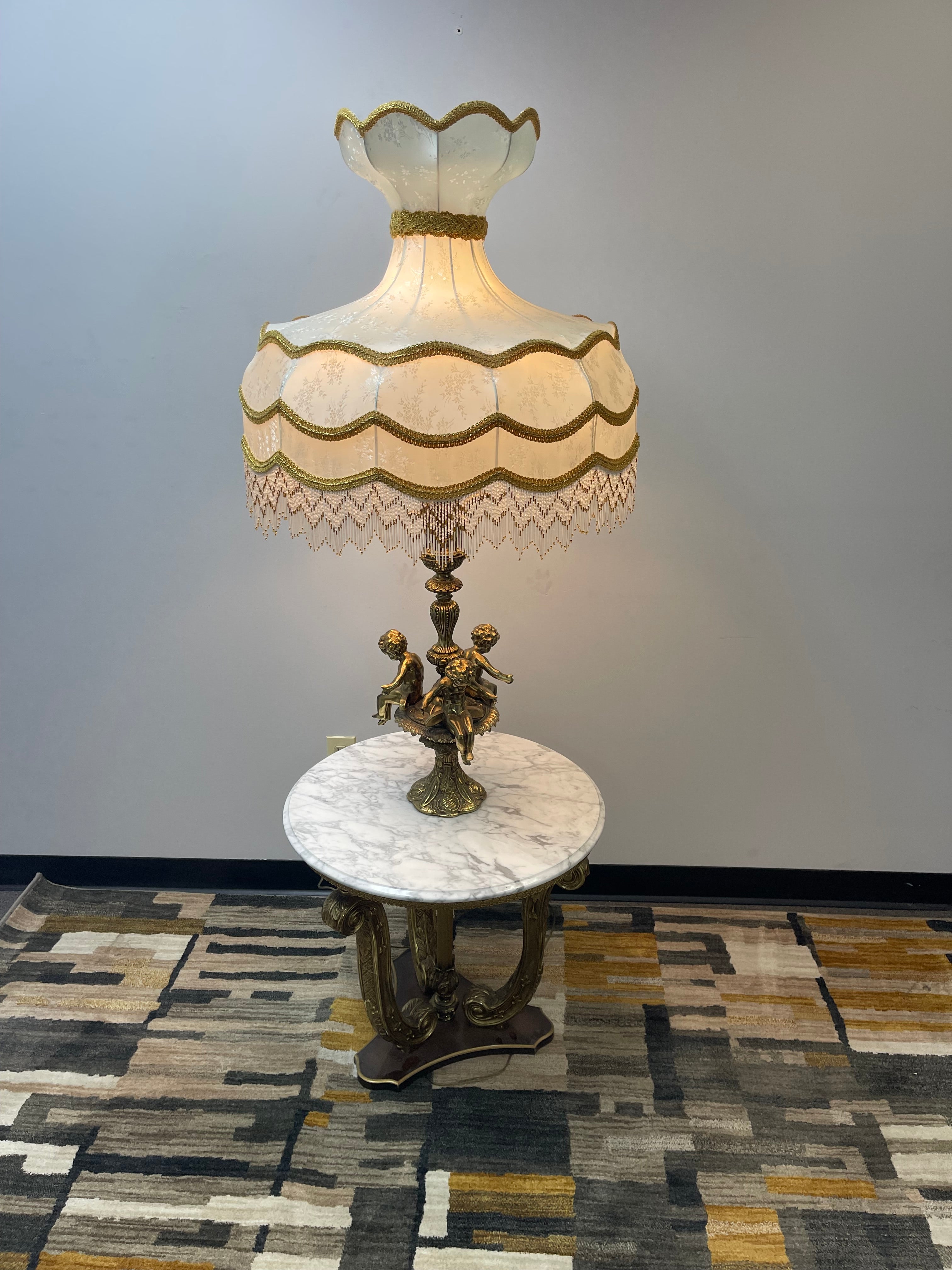 Vintage Cherub Lamp Table with Beaded Fringe Shade