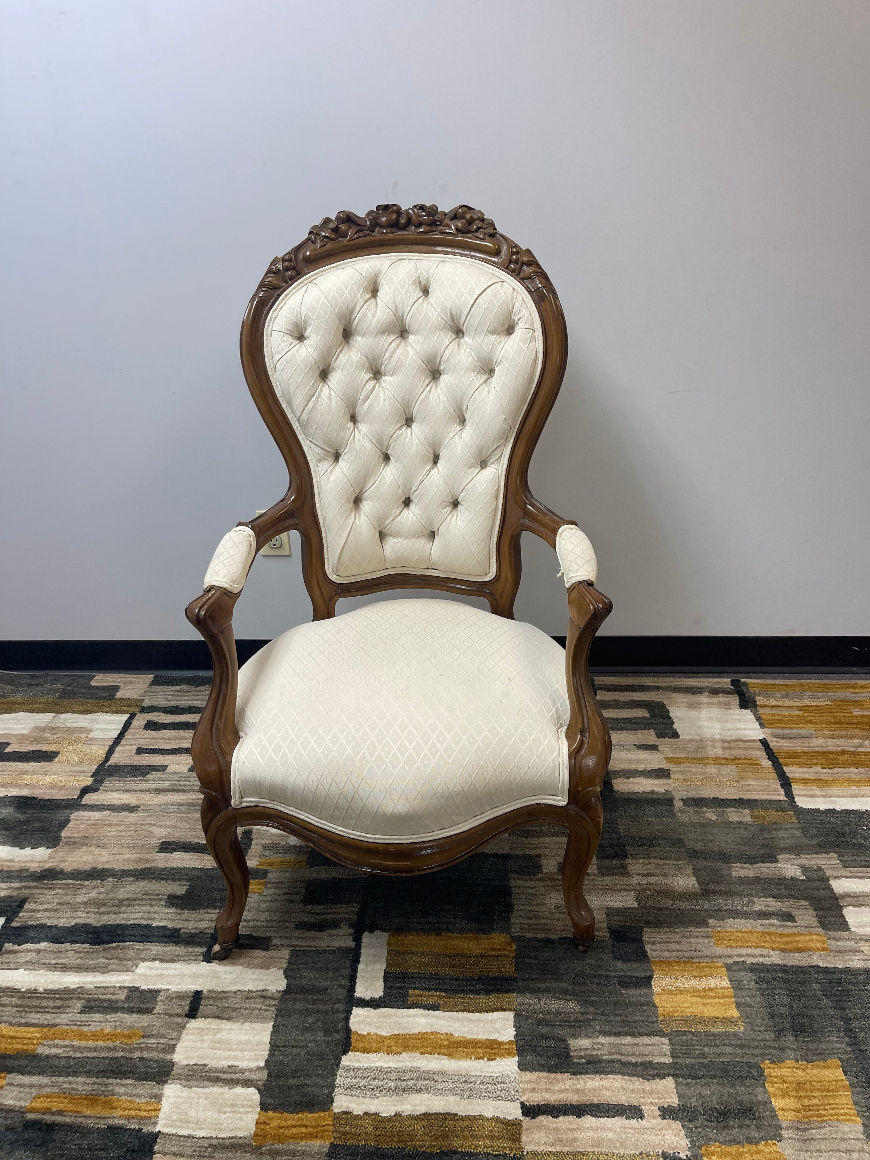 Victorian-Style Carved Rose Tufted Armchair