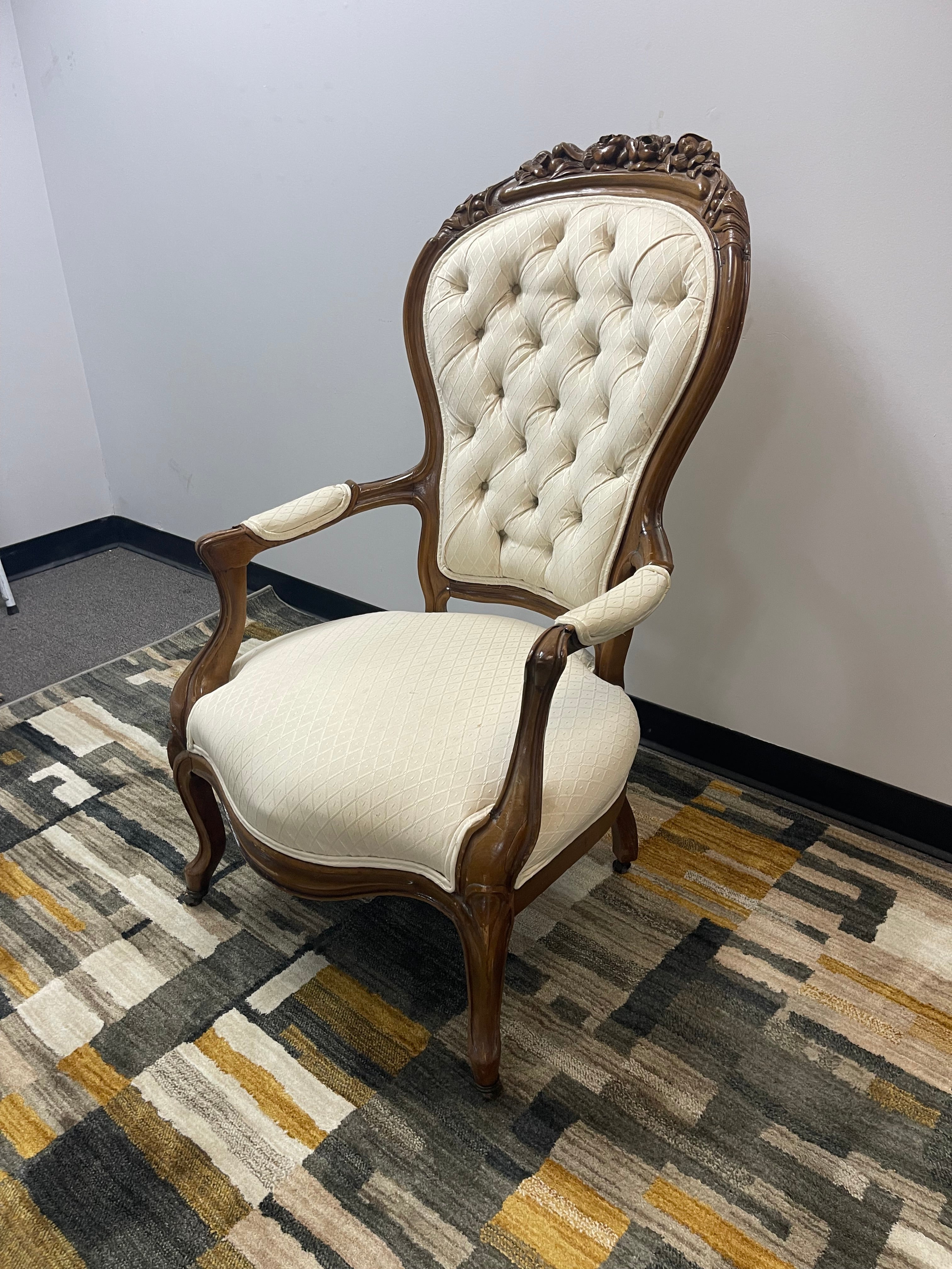 Victorian-Style Carved Rose Tufted Armchair