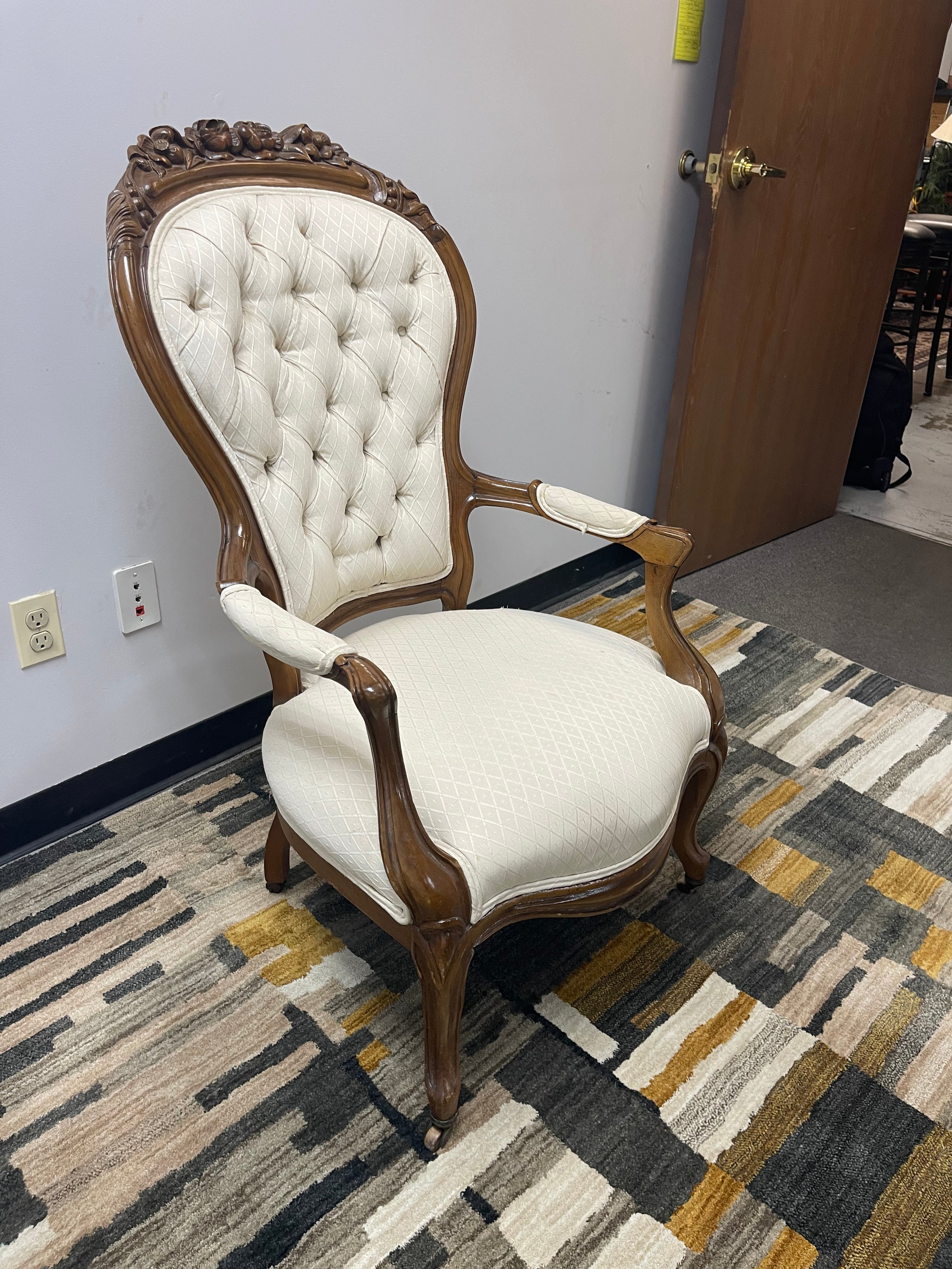 Victorian-Style Carved Rose Tufted Armchair