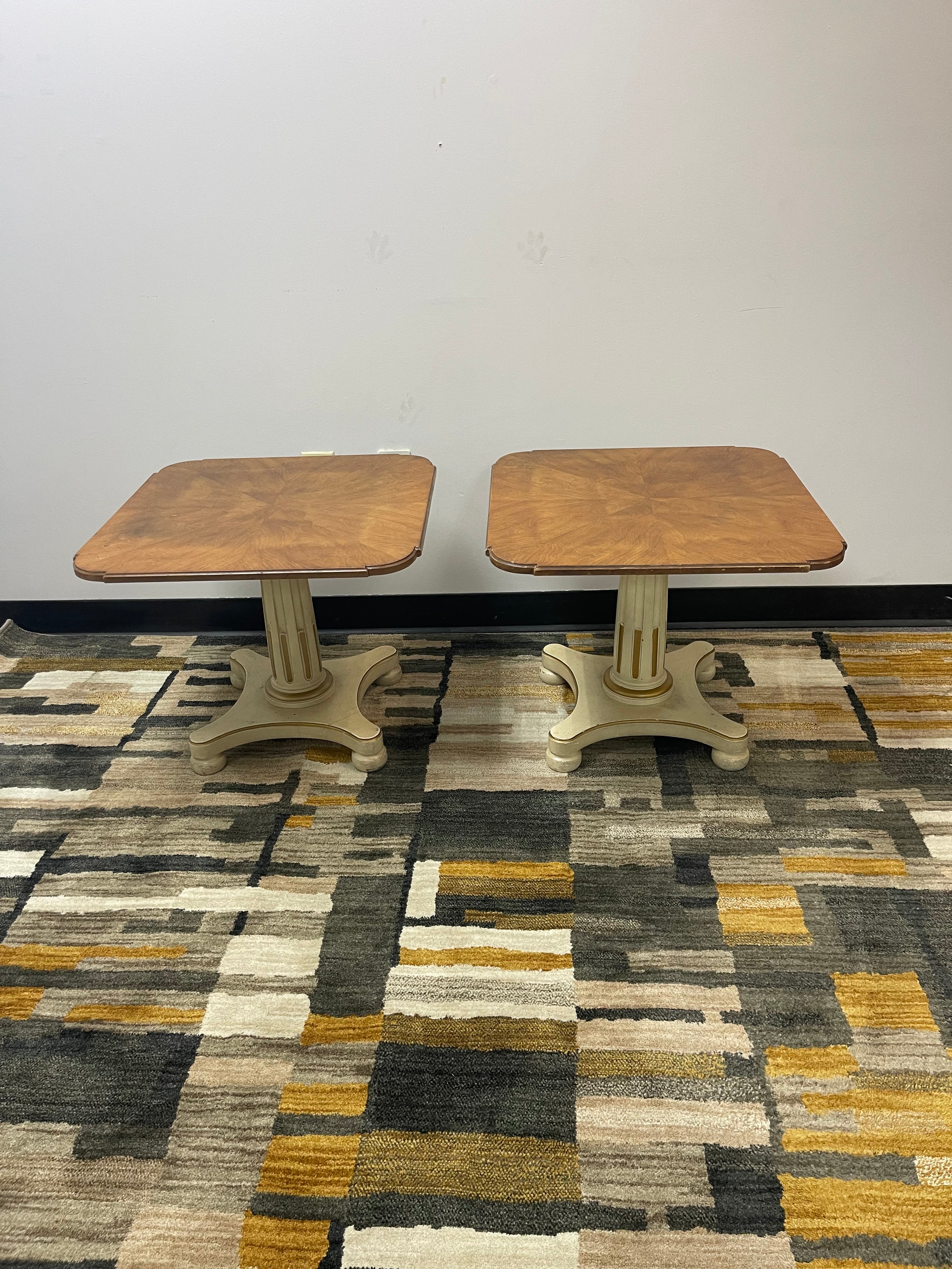 Vintage Pedestal Side Tables with Sunburst Tops – Set of 2