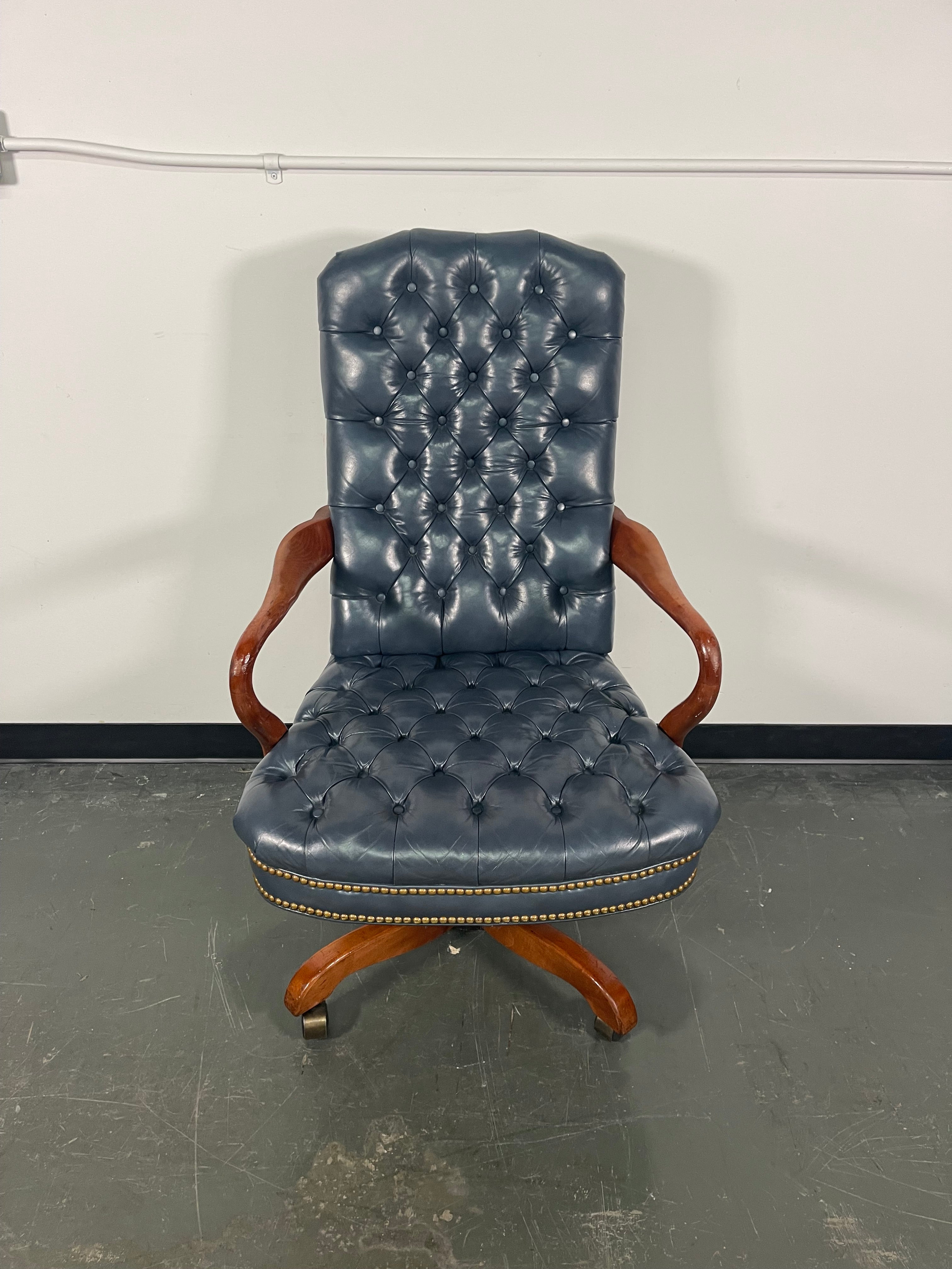 Navy Tufted Executive Swivel Desk Chair with Nailhead Trim