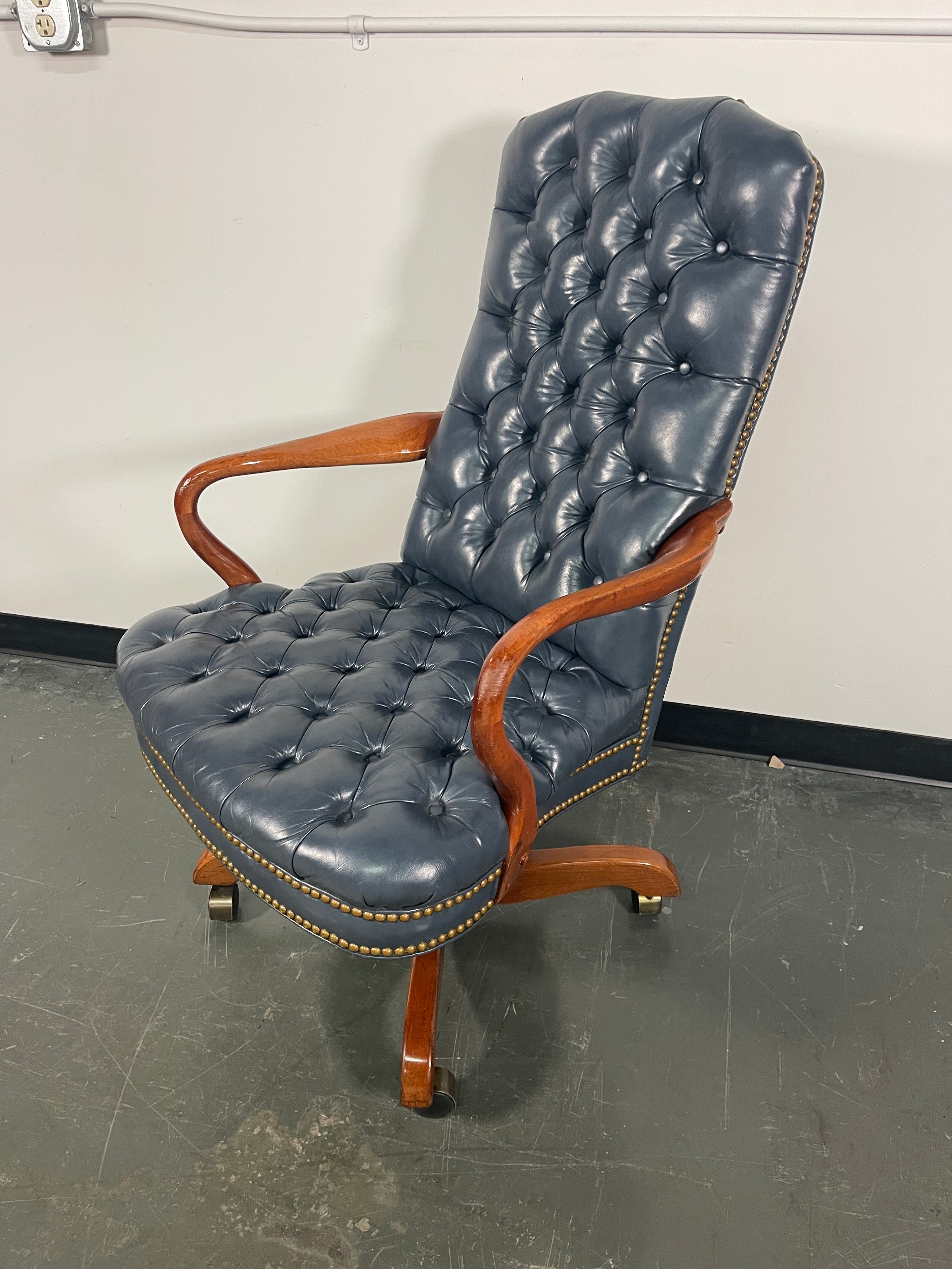 Navy Tufted Executive Swivel Desk Chair with Nailhead Trim