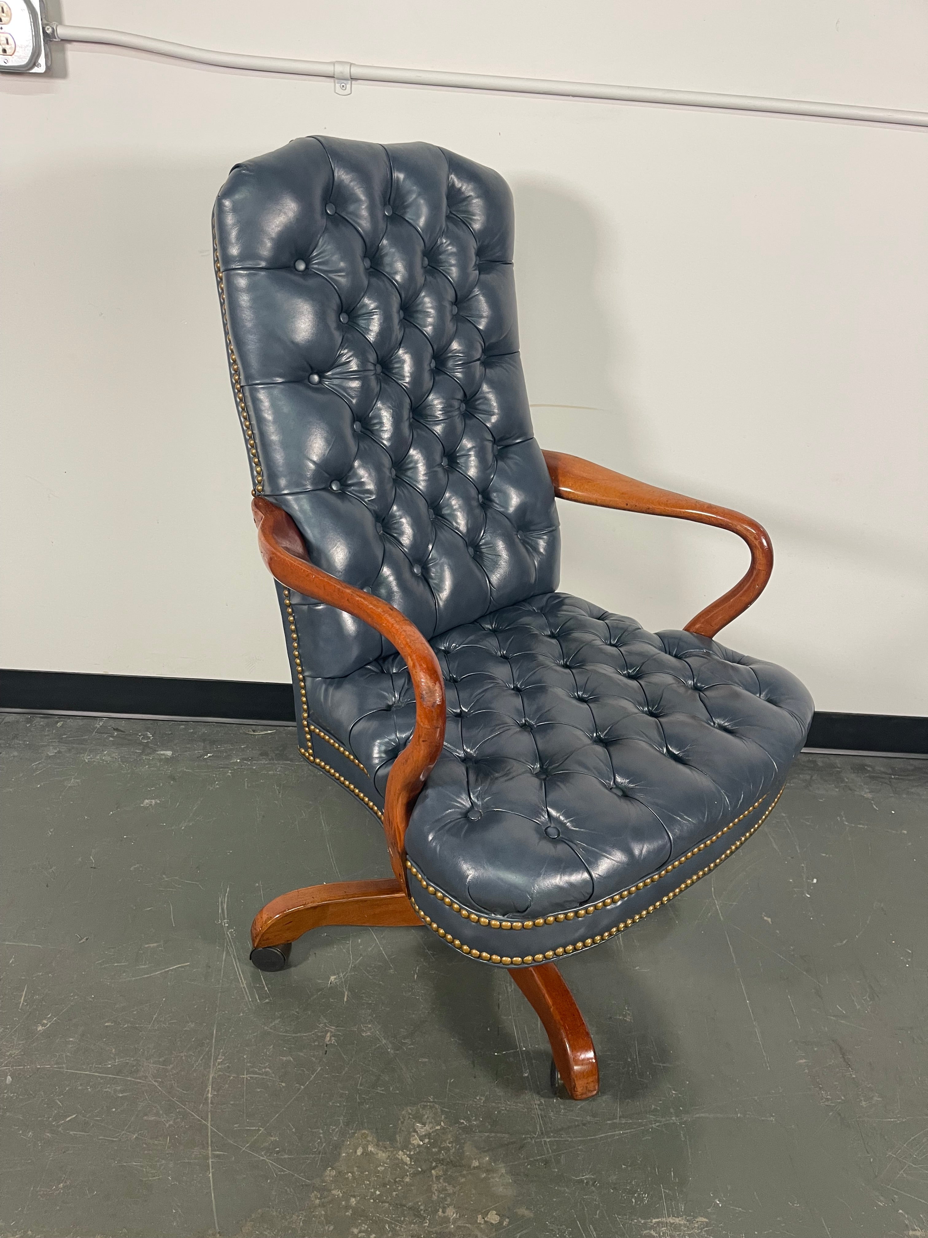Navy Tufted Executive Swivel Desk Chair with Nailhead Trim