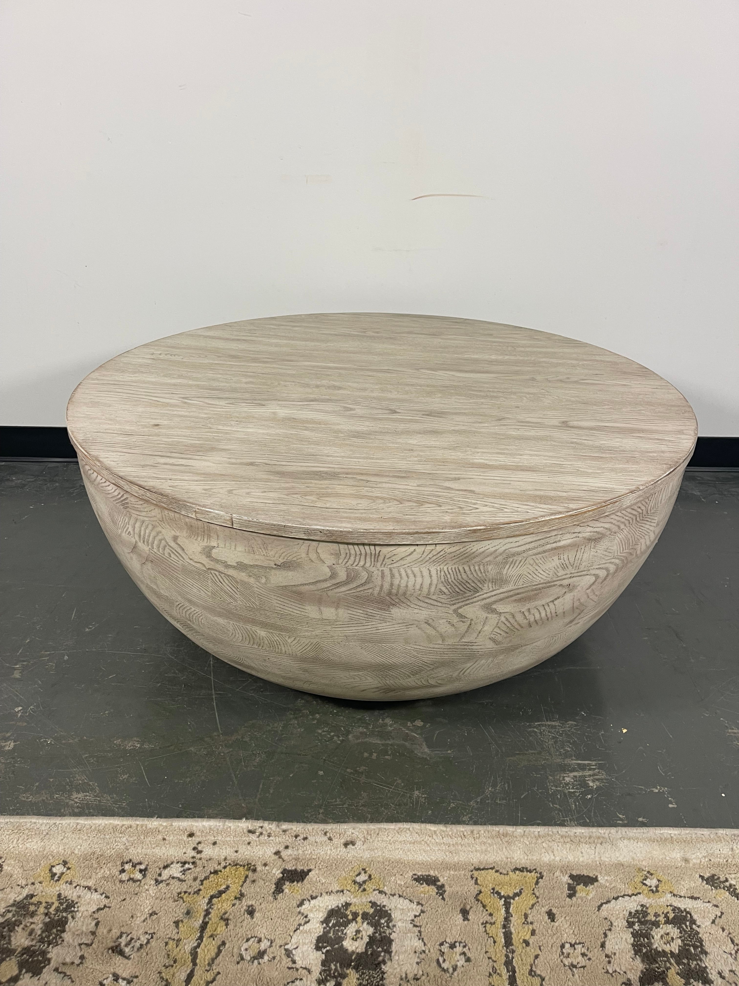 Round Bowl Coffee Table in Whitewashed Gray Finish